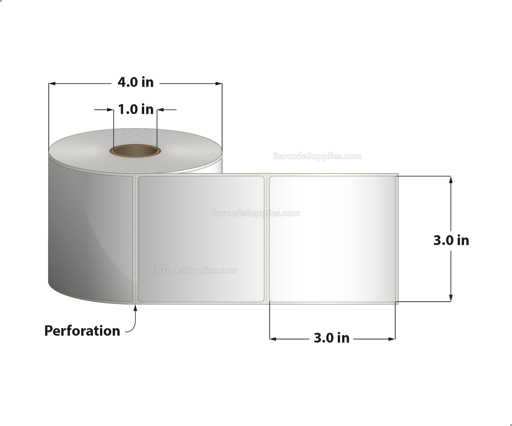 3 x 3 Thermal Transfer White Labels With Permanent Adhesive - Perforated - 500 Labels Per Roll - Carton Of 12 Rolls - 6000 Labels Total - MPN: RT-3-3-500-1