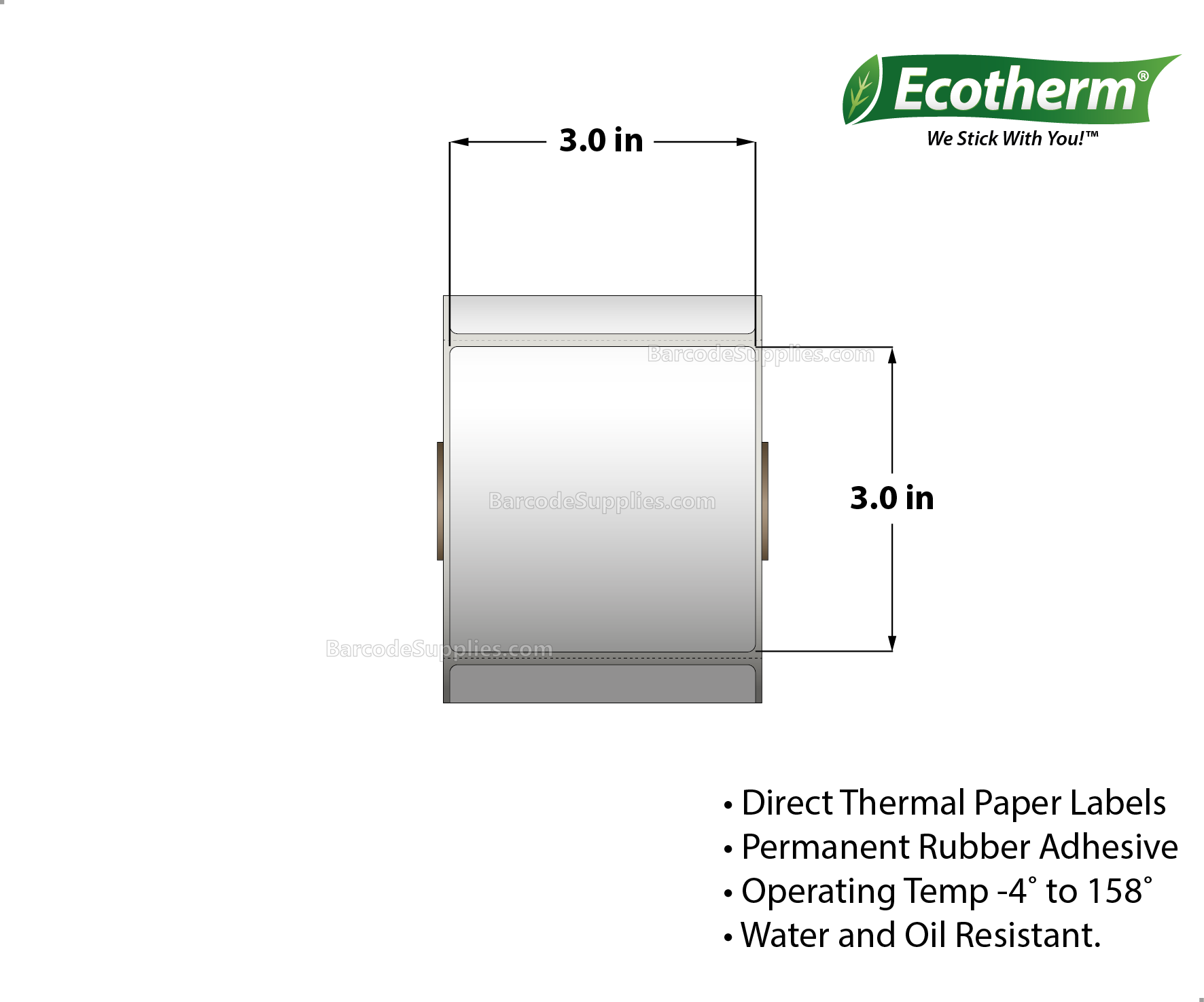 3 x 3 Direct Thermal White Labels With Rubber Adhesive - Perforated - 525 Labels Per Roll - Carton Of 4 Rolls - 2100 Labels Total - MPN: ECOTHERM14123-4