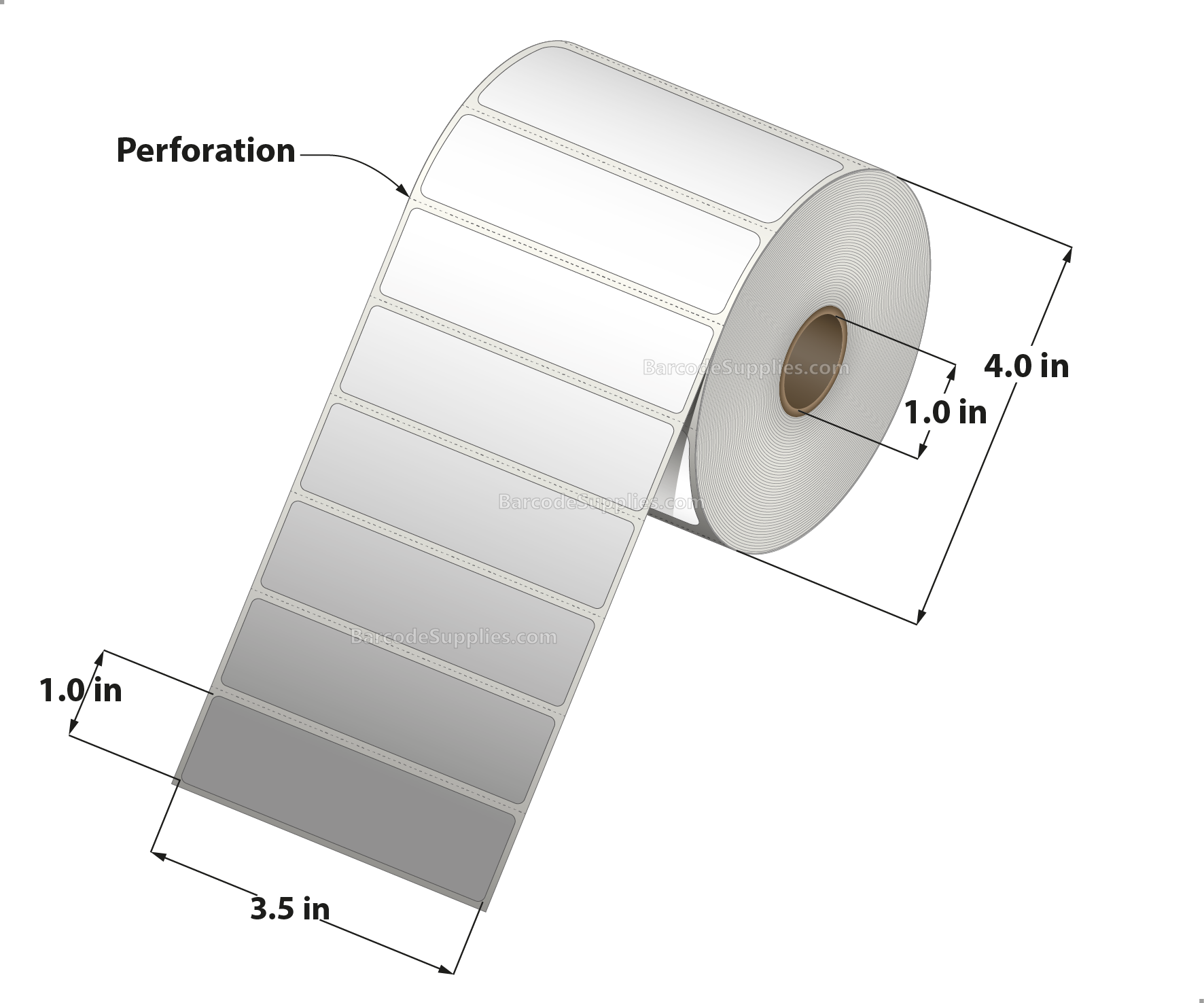 3.5 x 1 Thermal Transfer White Labels With Permanent Acrylic Adhesive - Perforated - 1310 Labels Per Roll - Carton Of 4 Rolls - 5240 Labels Total - MPN: TH351-14PTT