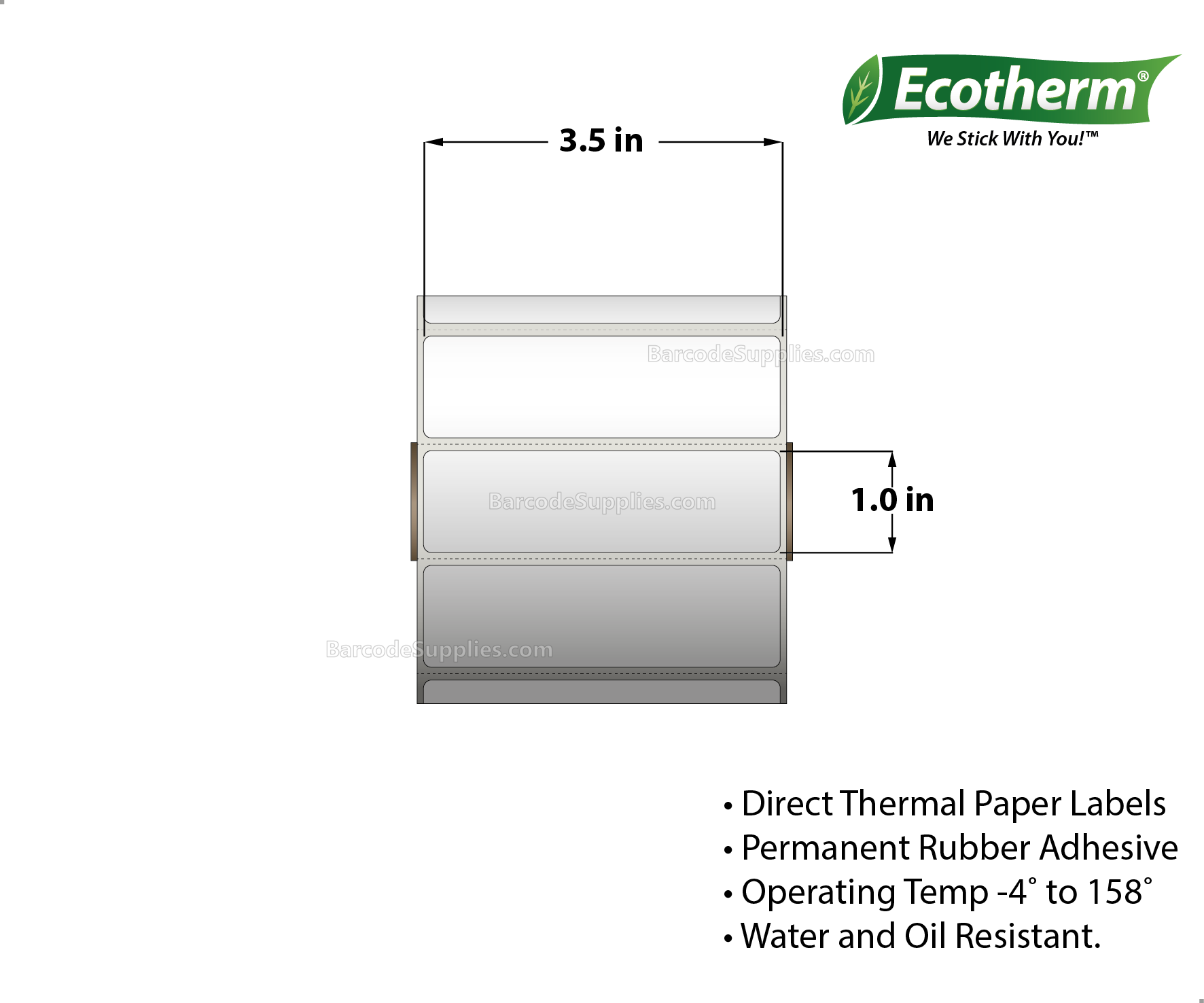 3.5 x 1 Direct Thermal White Labels With Rubber Adhesive - Perforated - 1340 Labels Per Roll - Carton Of 4 Rolls - 5360 Labels Total - MPN: ECOTHERM14124-4