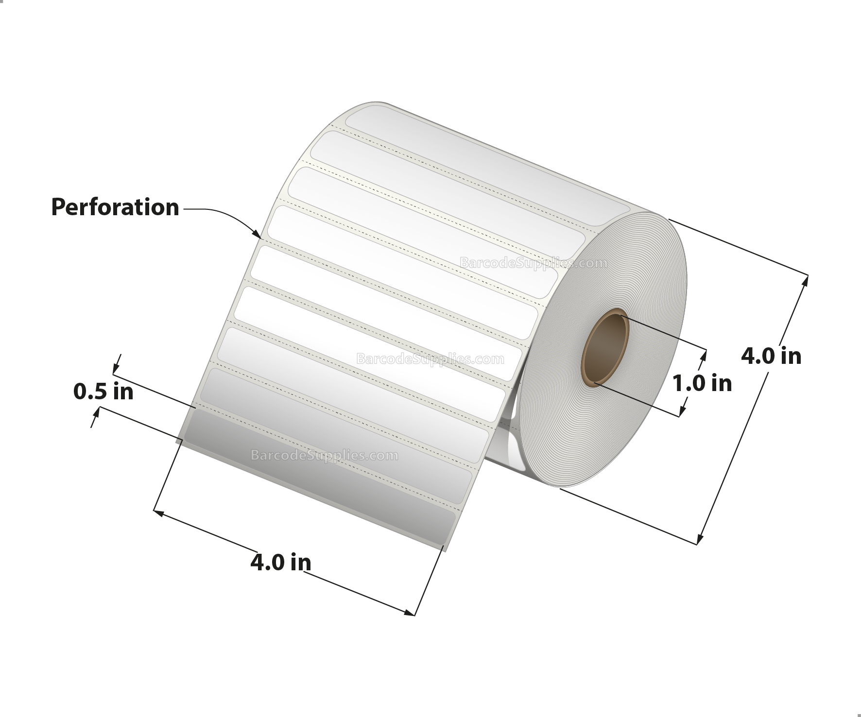 4 x 0.5 Direct Thermal White Labels With Acrylic Adhesive - Perforated - 2450 Labels Per Roll - Carton Of 12 Rolls - 29400 Labels Total - MPN: RD-4-05-2450-1