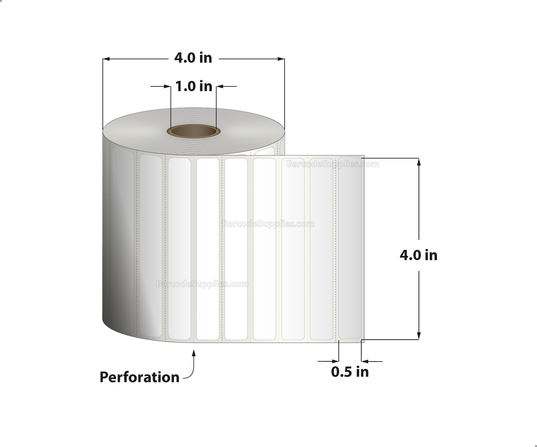 4 x 0.5 Direct Thermal White Labels With Acrylic Adhesive - Perforated - 2450 Labels Per Roll - Carton Of 12 Rolls - 29400 Labels Total - MPN: RD-4-05-2450-1