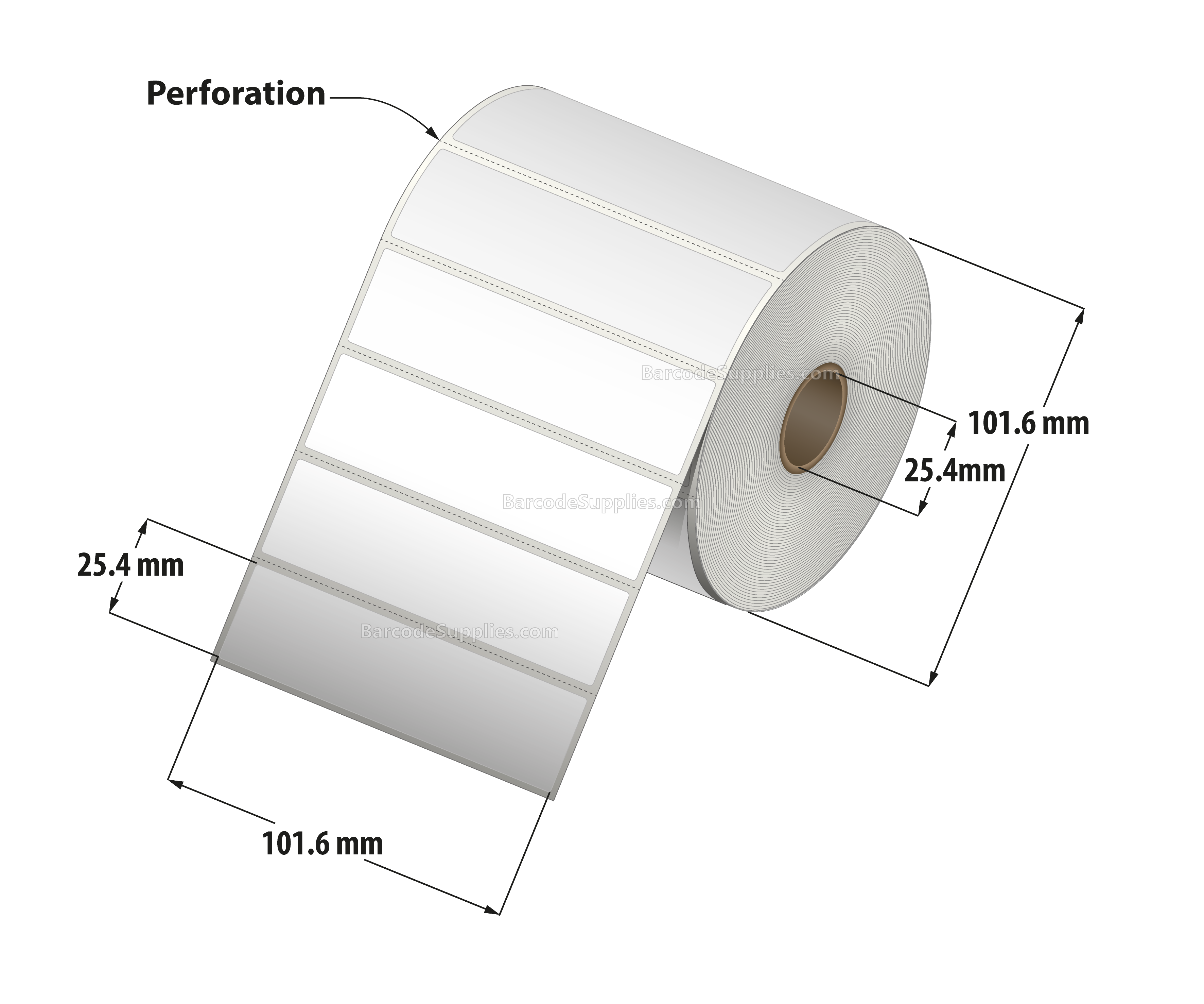 4 x 1 Thermal Transfer White Labels With Removable Adhesive - Perforated - 1375 Labels Per Roll - Carton Of 12 Rolls - 16500 Labels Total - MPN: RE-4-1-1375-1 - BarcodeSource, Inc.