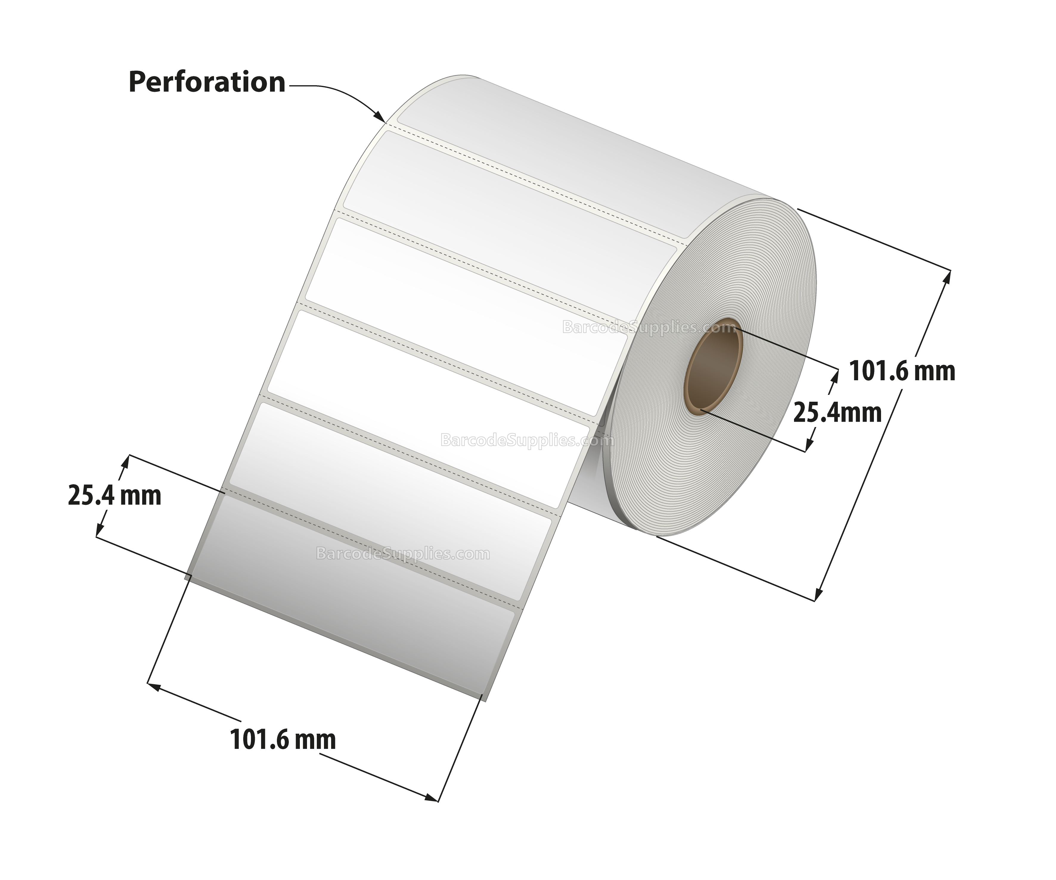 4 x 1 Thermal Transfer White Labels With Permanent Adhesive - Perforated - 1375 Labels Per Roll - Carton Of 12 Rolls - 16500 Labels Total - MPN: RT-4-1-1375-1 - BarcodeSource, Inc.