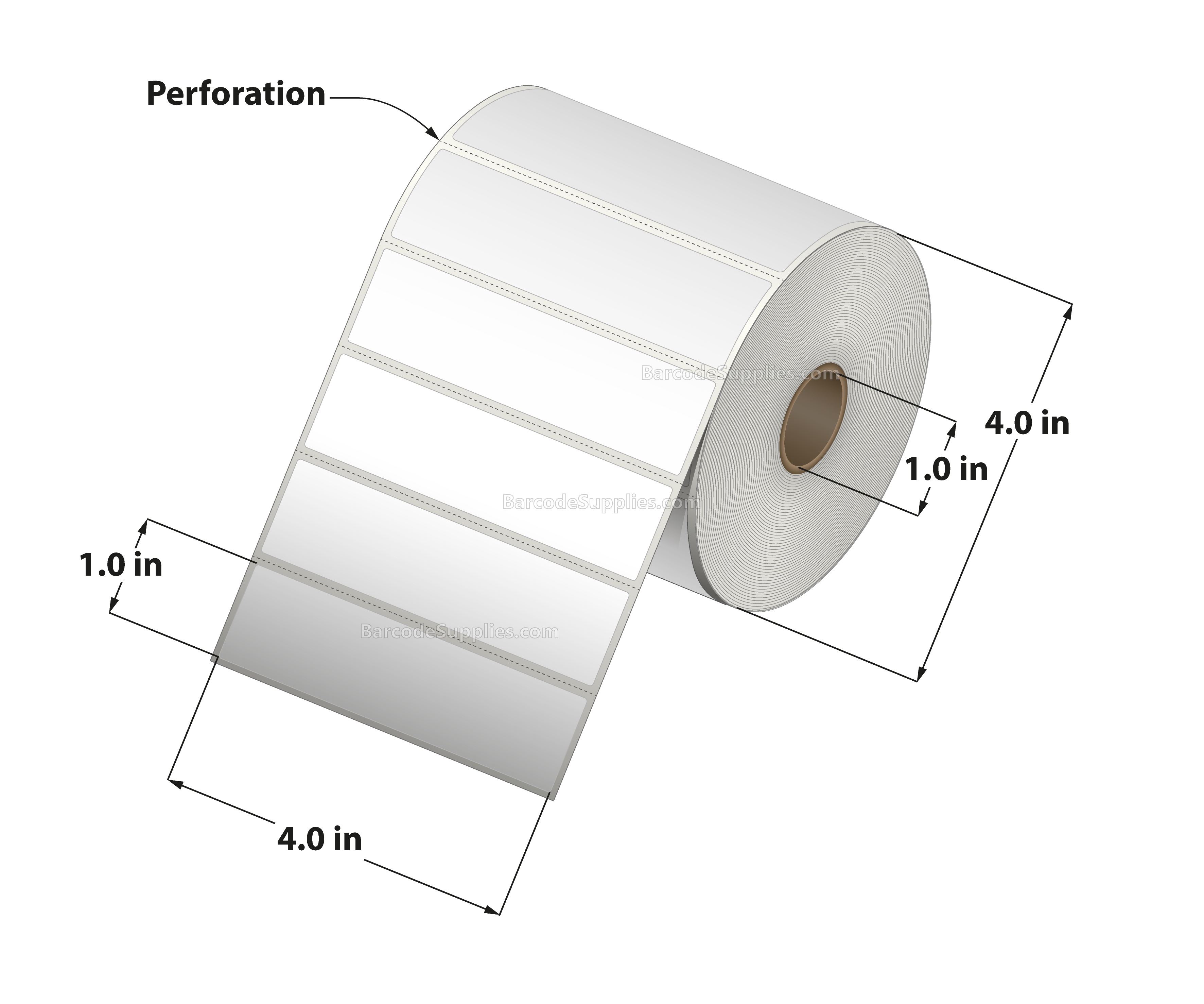 4 x 1 Thermal Transfer White Labels With Removable Adhesive - Perforated - 1375 Labels Per Roll - Carton Of 12 Rolls - 16500 Labels Total - MPN: RE-4-1-1375-1 - BarcodeSource, Inc.