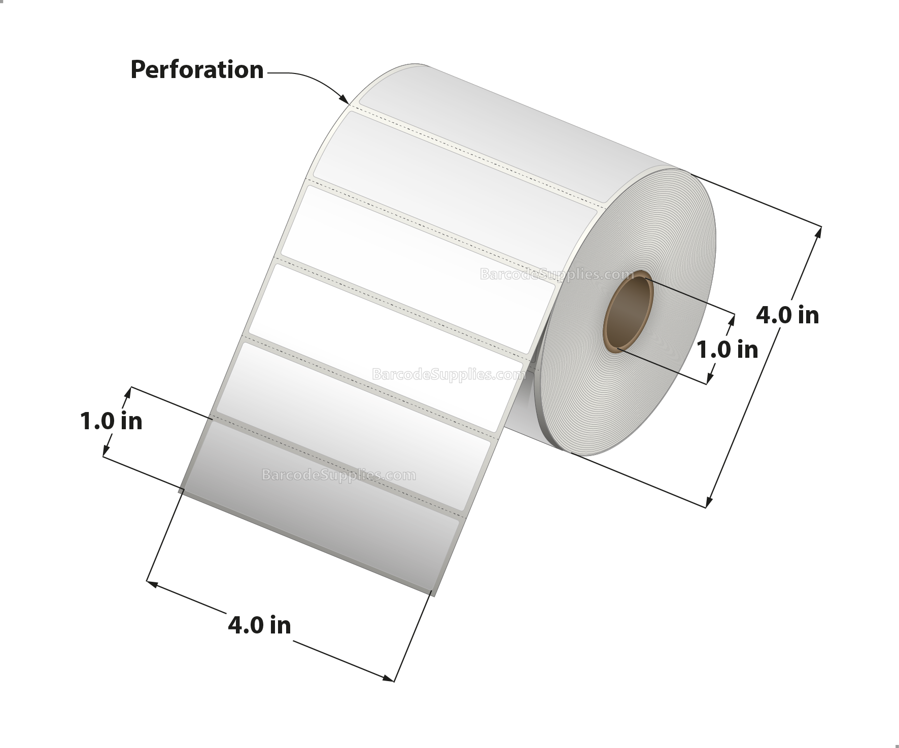 4 x 1 Direct Thermal White Labels With Rubber Adhesive - Perforated - 1310 Labels Per Roll - Carton Of 12 Rolls - 15720 Labels Total - MPN: RDT4-400100-1P