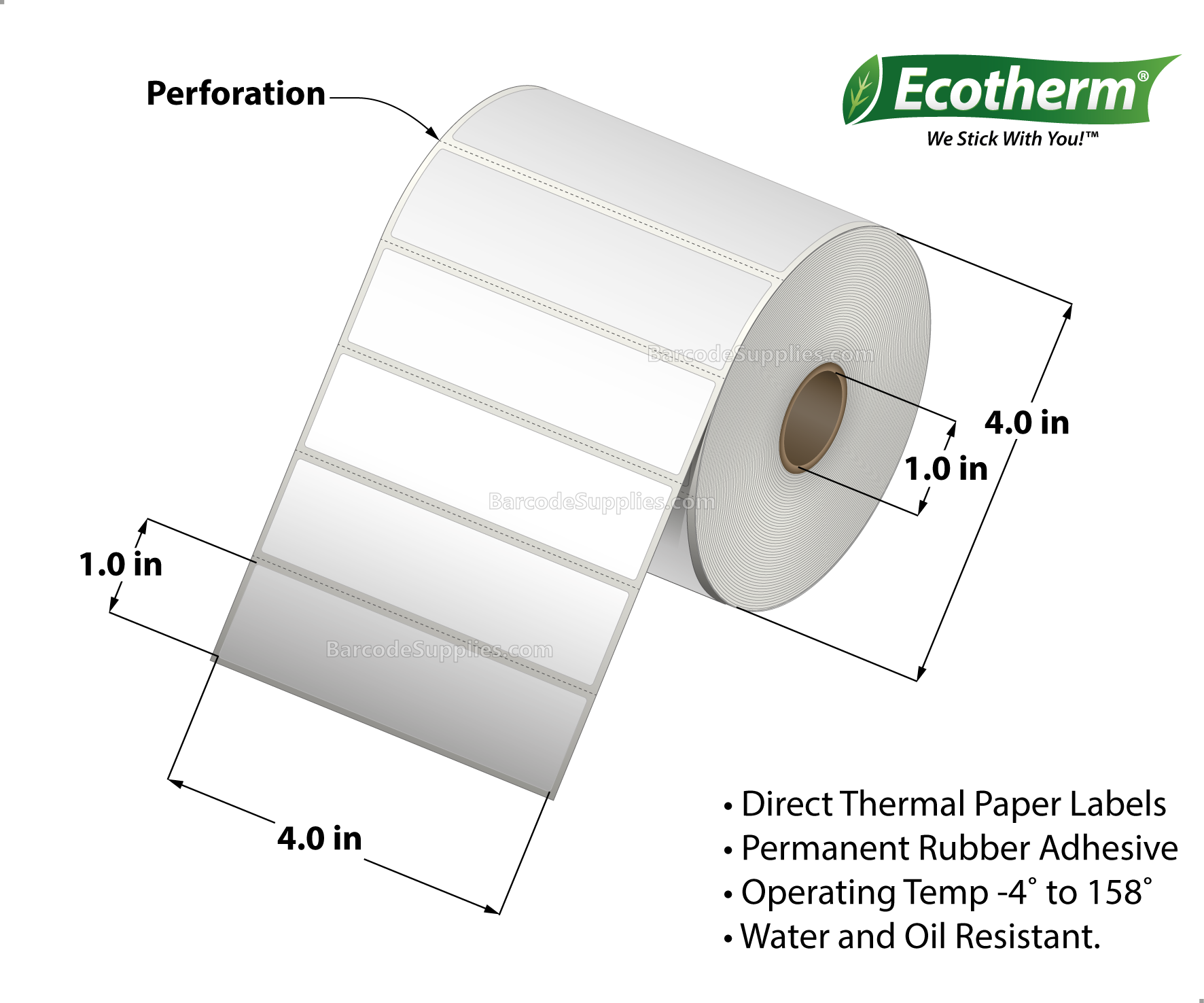 4 x 1 Direct Thermal White Labels With Rubber Adhesive - Perforated - 1340 Labels Per Roll - Carton Of 4 Rolls - 5360 Labels Total - MPN: ECOTHERM14125-4