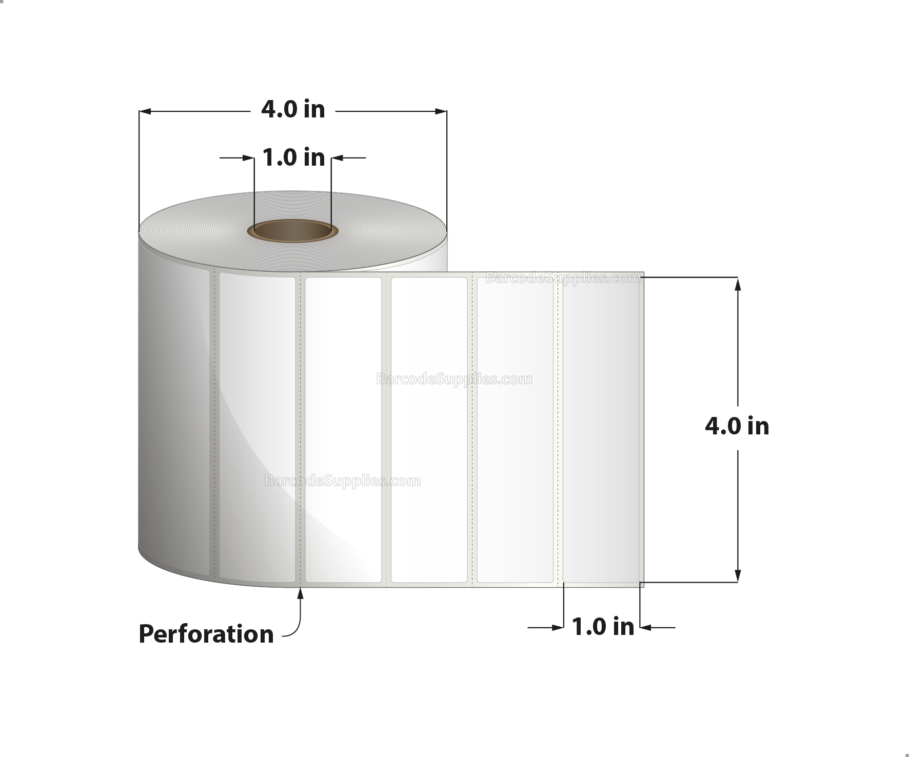 4 x 1 Direct Thermal White Labels With Rubber Adhesive - Perforated - 1310 Labels Per Roll - Carton Of 12 Rolls - 15720 Labels Total - MPN: RDT4-400100-1P