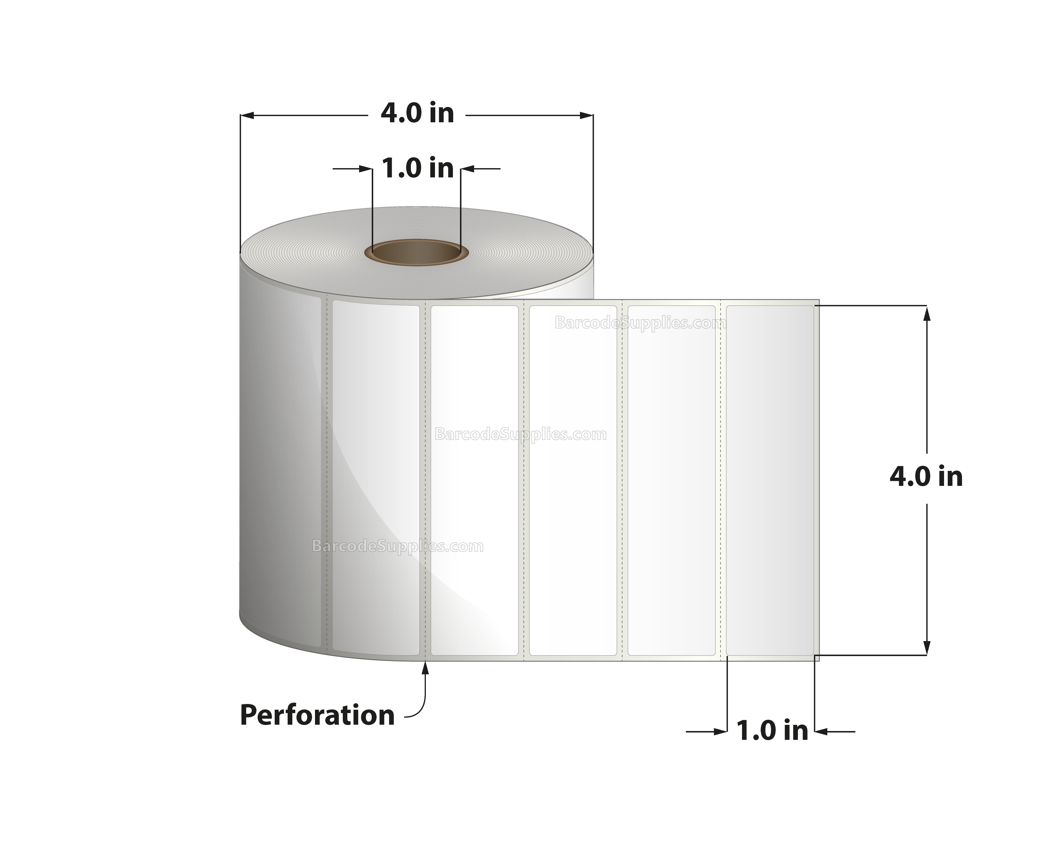 4 x 1 Direct Thermal White Labels With Acrylic Adhesive - Perforated - 1375 Labels Per Roll - Carton Of 12 Rolls - 16500 Labels Total - MPN: RDE-4-1-1375-1 - BarcodeSource, Inc.