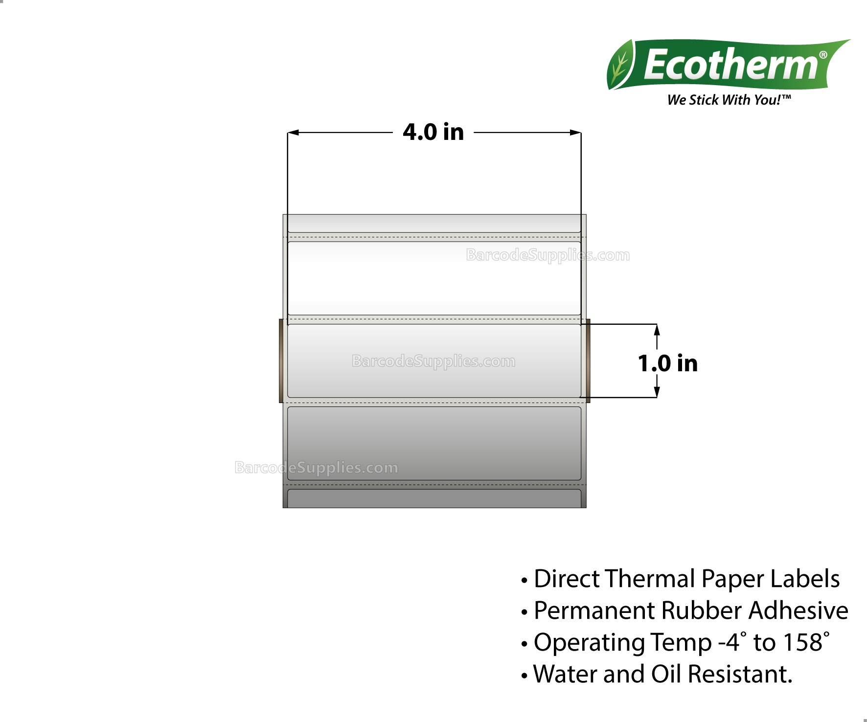4 x 1 Direct Thermal White Labels With Rubber Adhesive - Perforated - 1340 Labels Per Roll - Carton Of 4 Rolls - 5360 Labels Total - MPN: ECOTHERM14125-4