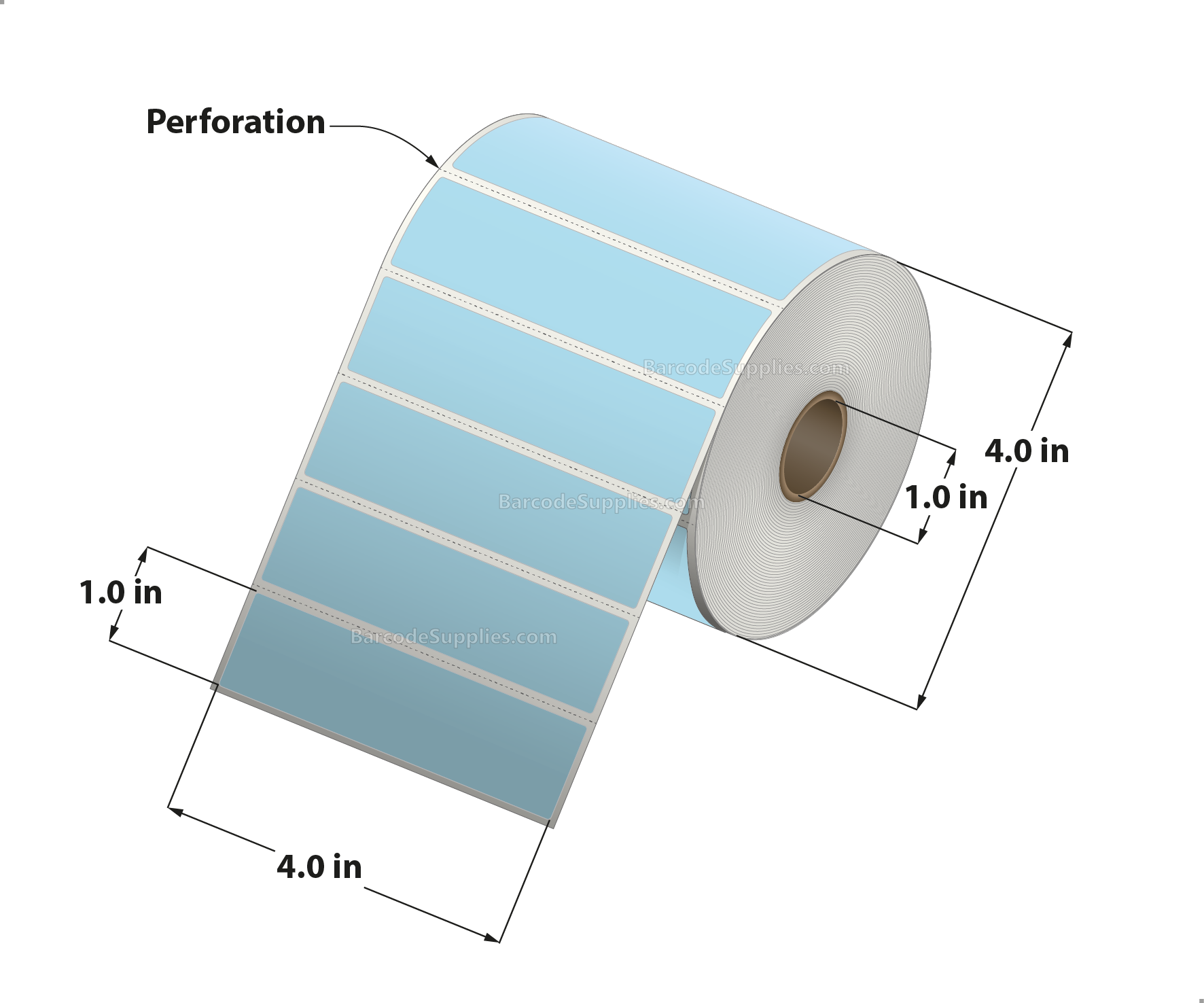 4 x 1 Direct Thermal Blue Labels With Acrylic Adhesive - Perforated - 1375 Labels Per Roll - Carton Of 12 Rolls - 16500 Labels Total - MPN: RD-4-1-1375-BL