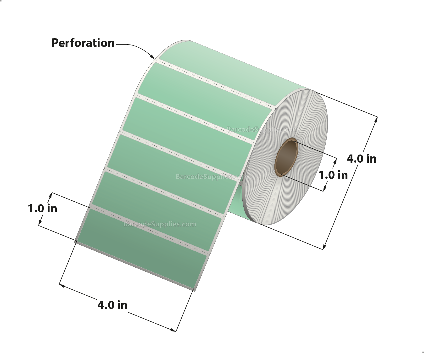 4 x 1 Direct Thermal Green Labels With Acrylic Adhesive - Perforated - 1375 Labels Per Roll - Carton Of 12 Rolls - 16500 Labels Total - MPN: RD-4-1-1375-GR