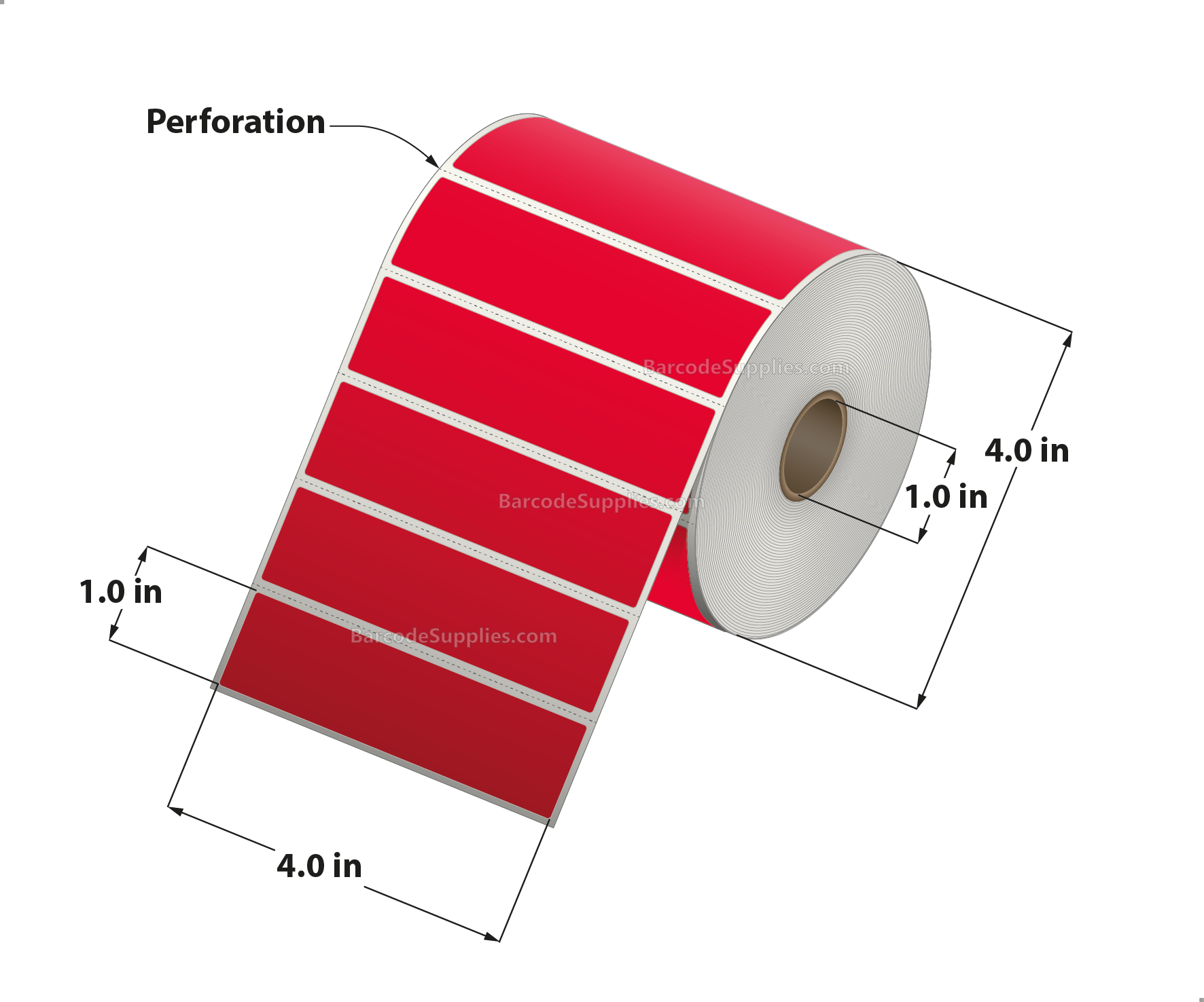 4 x 1 Direct Thermal Red Labels With Acrylic Adhesive - Perforated - 1375 Labels Per Roll - Carton Of 12 Rolls - 16500 Labels Total - MPN: RD-4-1-1375-RD