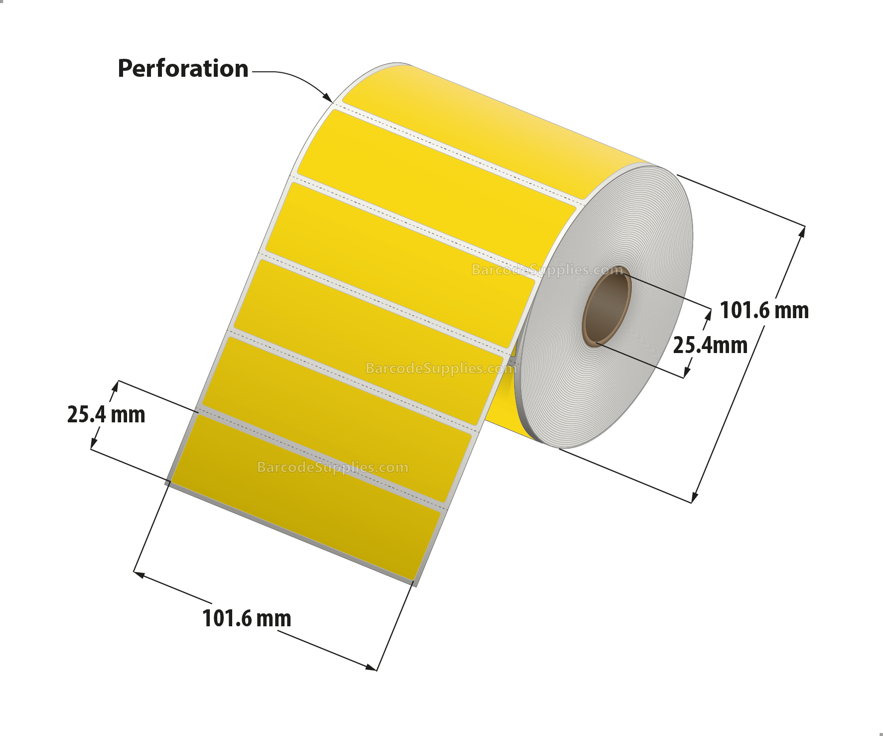 4 x 1 Direct Thermal Yellow Labels With Acrylic Adhesive - Perforated - 1375 Labels Per Roll - Carton Of 12 Rolls - 16500 Labels Total - MPN: RD-4-1-1375-YL