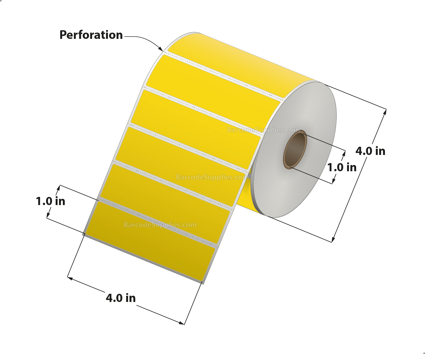 4 x 1 Direct Thermal Yellow Labels With Acrylic Adhesive - Perforated - 1375 Labels Per Roll - Carton Of 12 Rolls - 16500 Labels Total - MPN: RD-4-1-1375-YL