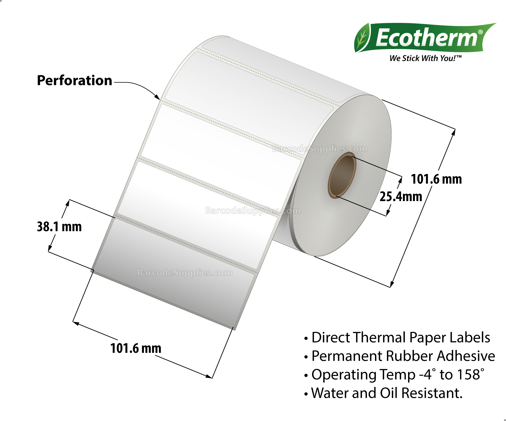 4 x 1.5 Direct Thermal White Labels With Rubber Adhesive - Perforated - 985 Labels Per Roll - Carton Of 4 Rolls - 3940 Labels Total - MPN: ECOTHERM14126-4