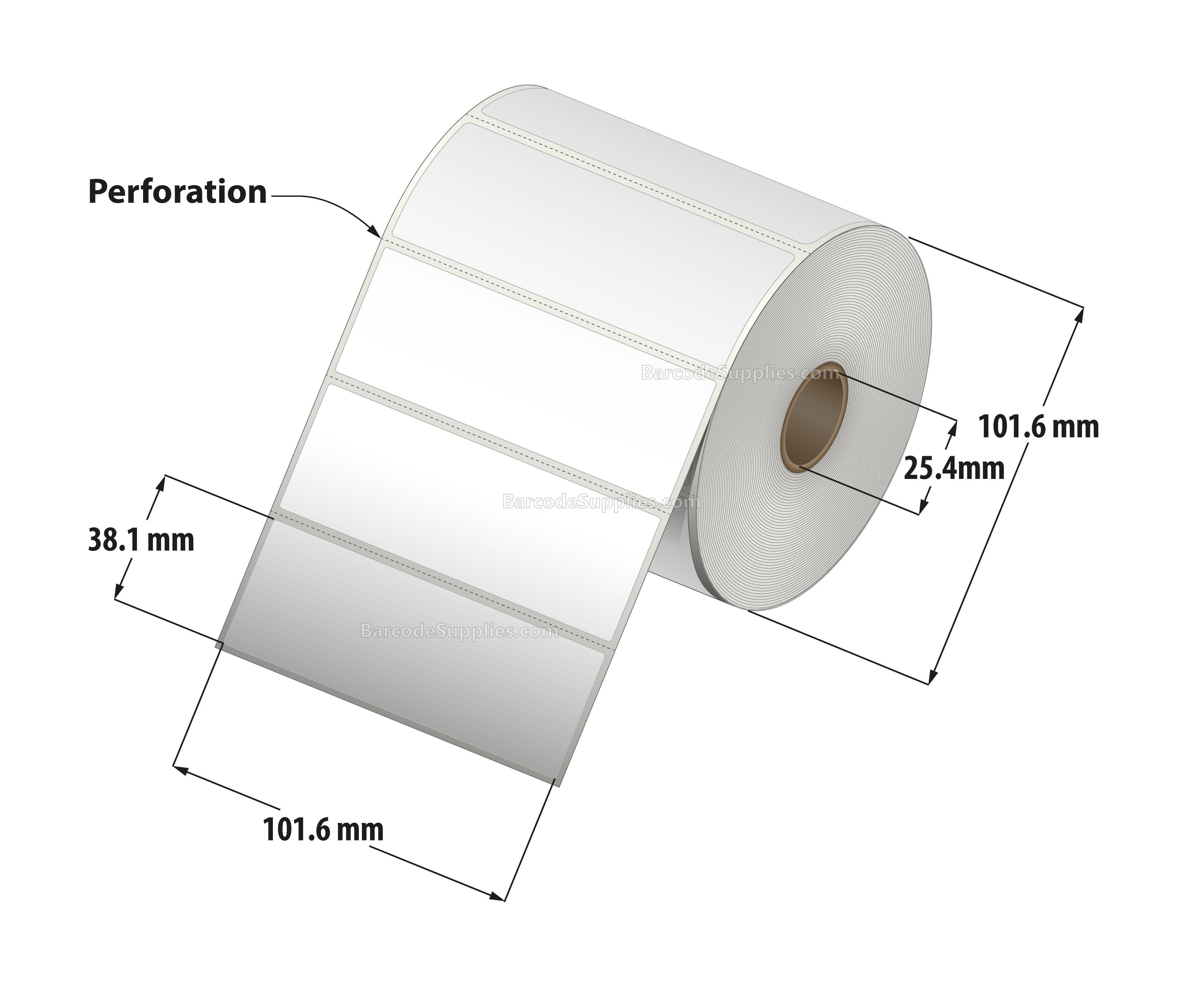 4 x 1.5 Thermal Transfer White Labels With Removable Adhesive - Perforated - 960 Labels Per Roll - Carton Of 12 Rolls - 11520 Labels Total - MPN: RE-4-15-960-1 - BarcodeSource, Inc.