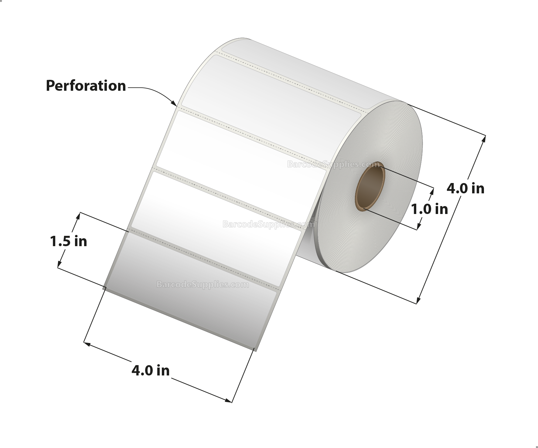 4 x 1.5 Thermal Transfer White Labels With Permanent Acrylic Adhesive - Perforated - 960 Labels Per Roll - Carton Of 4 Rolls - 3840 Labels Total - MPN: TH415-14PTT