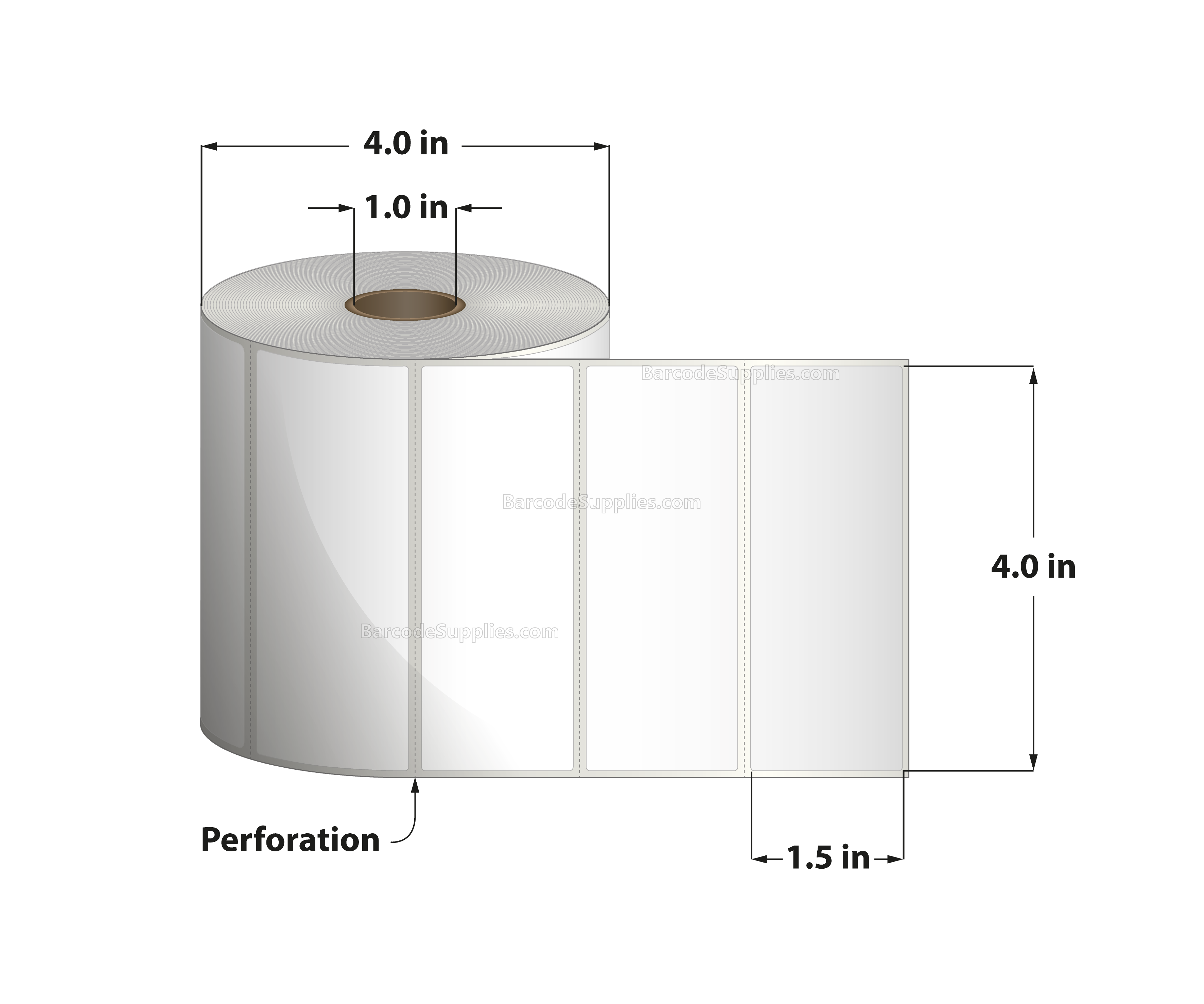 4 x 1.5 Thermal Transfer White Labels With Removable Adhesive - Perforated - 960 Labels Per Roll - Carton Of 12 Rolls - 11520 Labels Total - MPN: RE-4-15-960-1 - BarcodeSource, Inc.