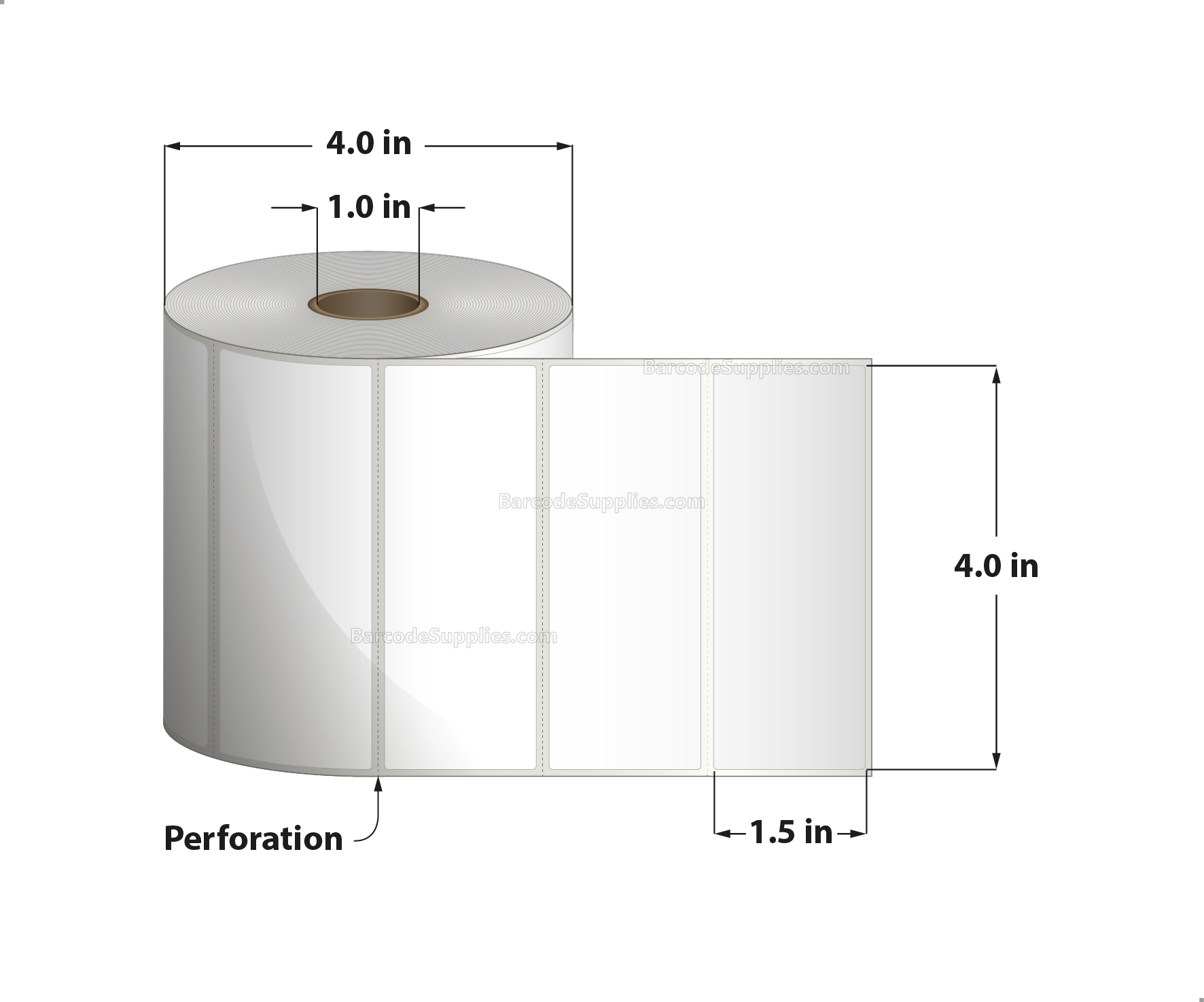 4 x 1.5 Thermal Transfer White Labels With Rubber Adhesive - Perforated - 960 Labels Per Roll - Carton Of 12 Rolls - 11520 Labels Total - MPN: RTT4-400150-1P