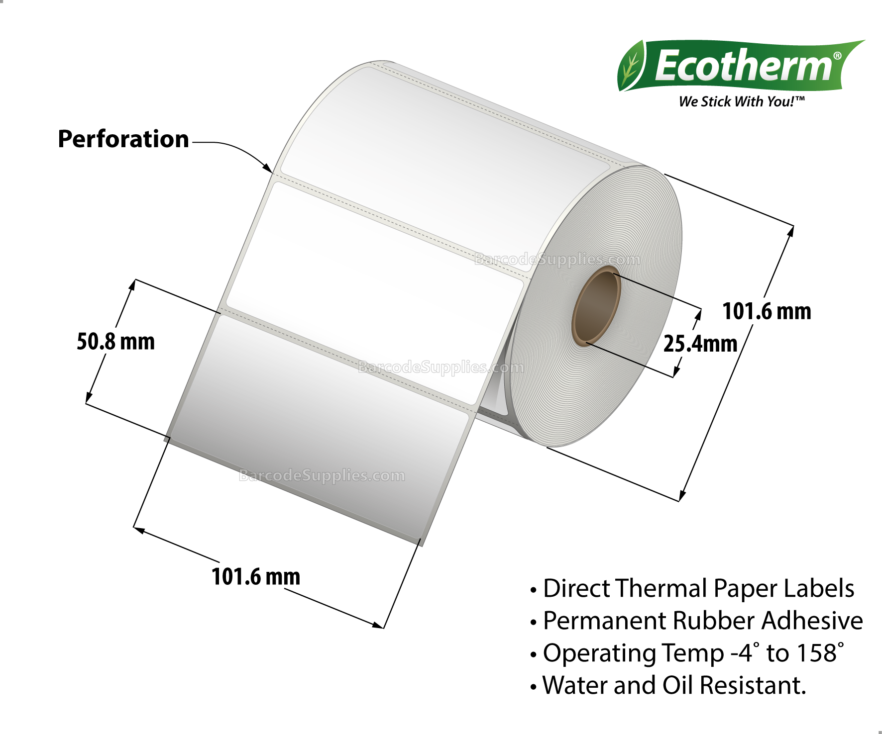 4 x 2 Direct Thermal White Labels With Rubber Adhesive - Perforated - 760 Labels Per Roll - Carton Of 4 Rolls - 3040 Labels Total - MPN: ECOTHERM14127-4