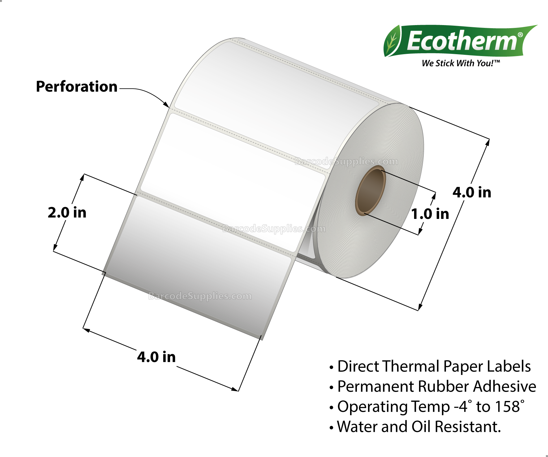 4 x 2 Direct Thermal White Labels With Rubber Adhesive - Perforated - 760 Labels Per Roll - Carton Of 4 Rolls - 3040 Labels Total - MPN: ECOTHERM14127-4