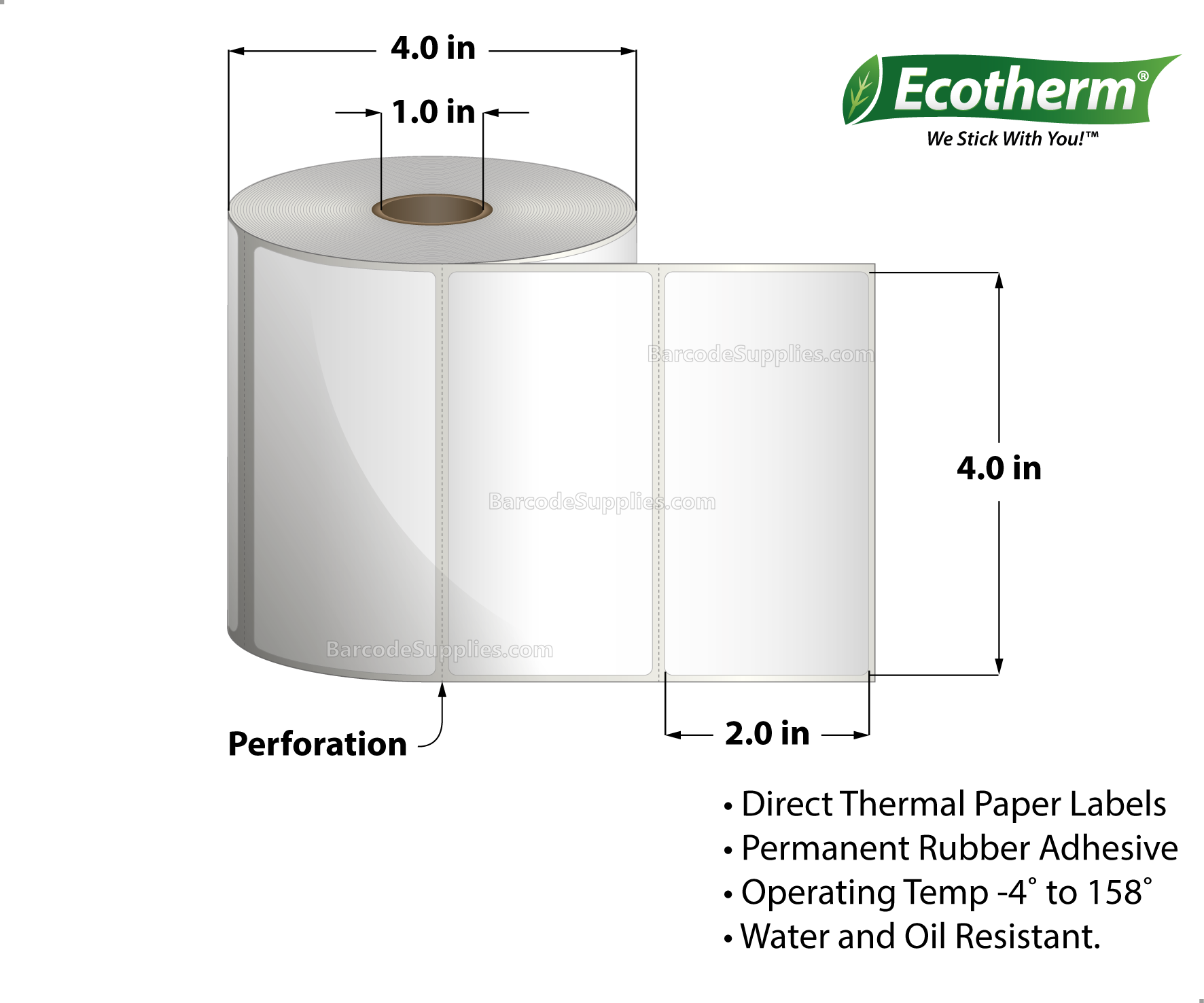 4 x 2 Direct Thermal White Labels With Rubber Adhesive - Perforated - 760 Labels Per Roll - Carton Of 4 Rolls - 3040 Labels Total - MPN: ECOTHERM14127-4