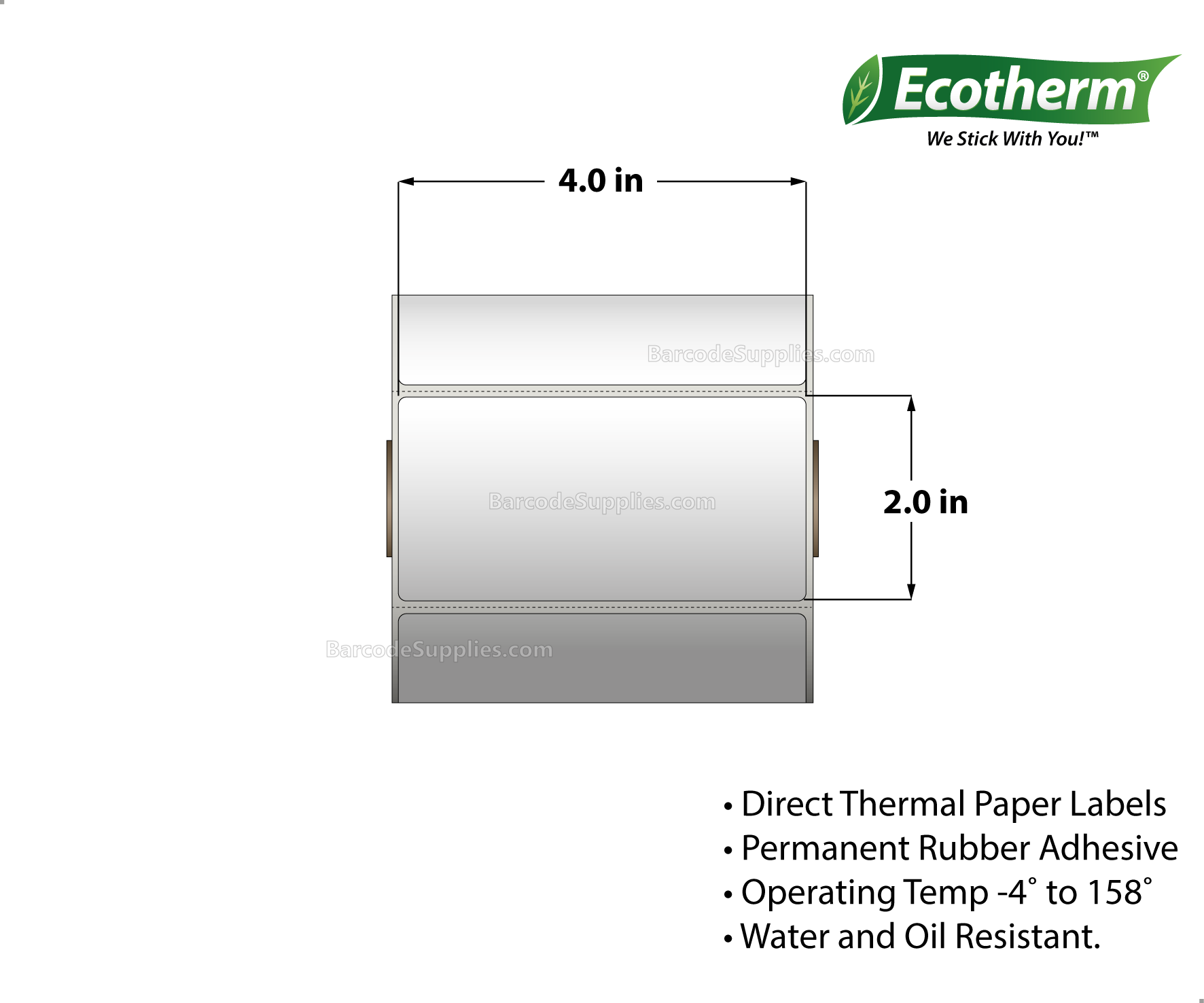 4 x 2 Direct Thermal White Labels With Rubber Adhesive - Perforated - 760 Labels Per Roll - Carton Of 4 Rolls - 3040 Labels Total - MPN: ECOTHERM14127-4