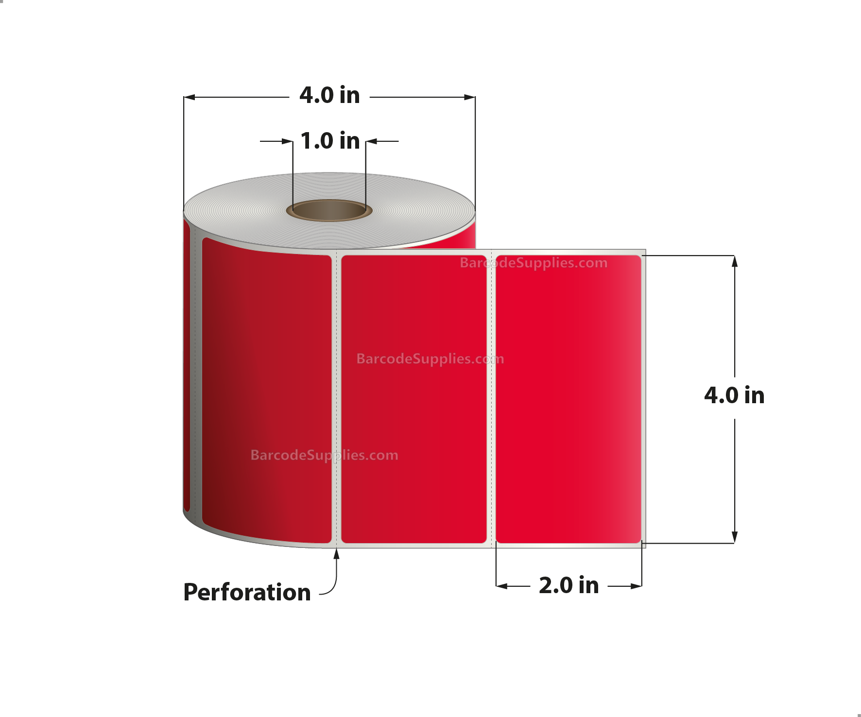 4 x 2 Direct Thermal Red Labels With Acrylic Adhesive - Perforated - 735 Labels Per Roll - Carton Of 12 Rolls - 8820 Labels Total - MPN: RD-4-2-735-RD