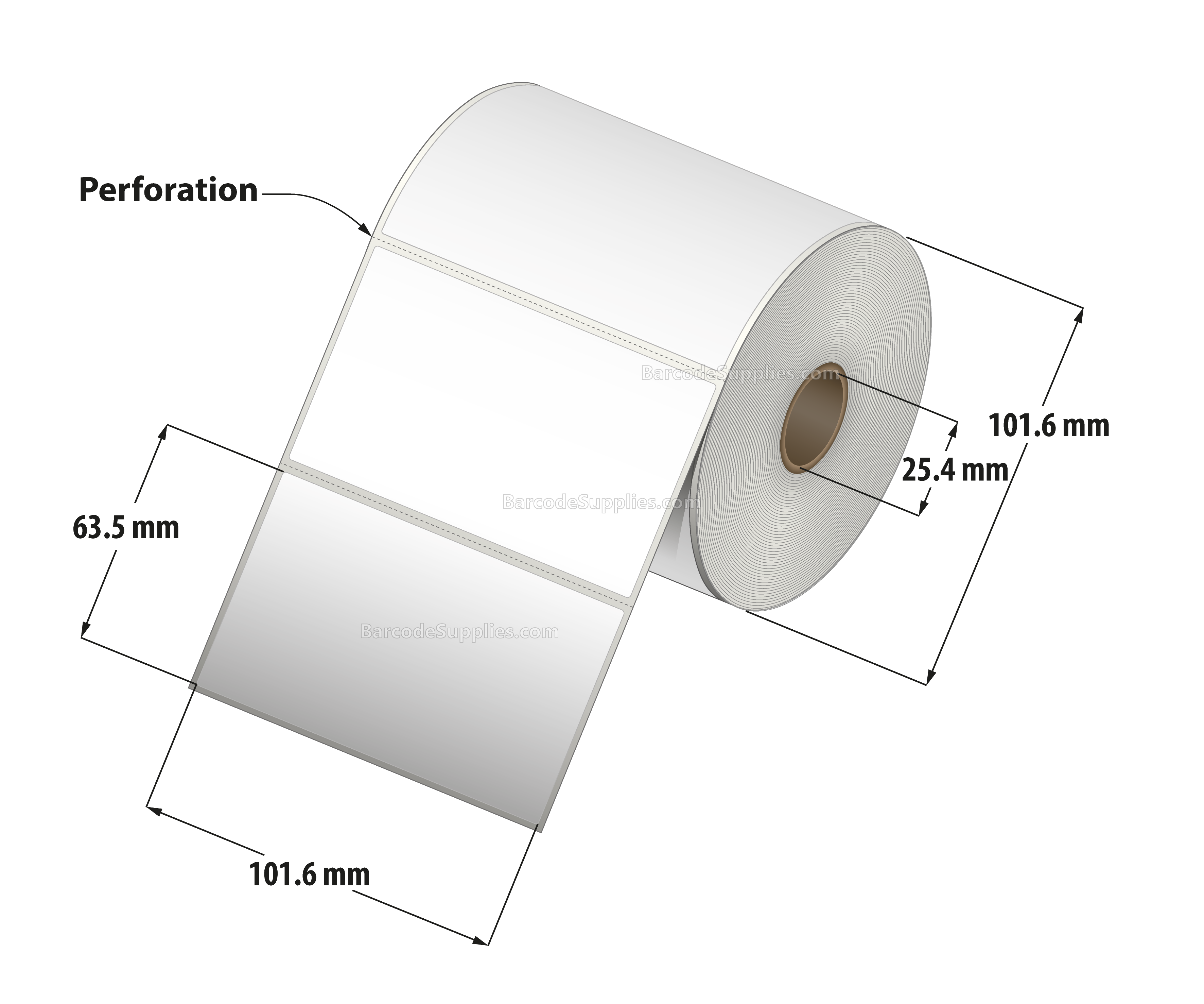 4 x 2.5 Direct Thermal White Labels With Acrylic Adhesive - Perforated - 595 Labels Per Roll - Carton Of 12 Rolls - 7140 Labels Total - MPN: RD-4-25-595-1 - BarcodeSource, Inc.