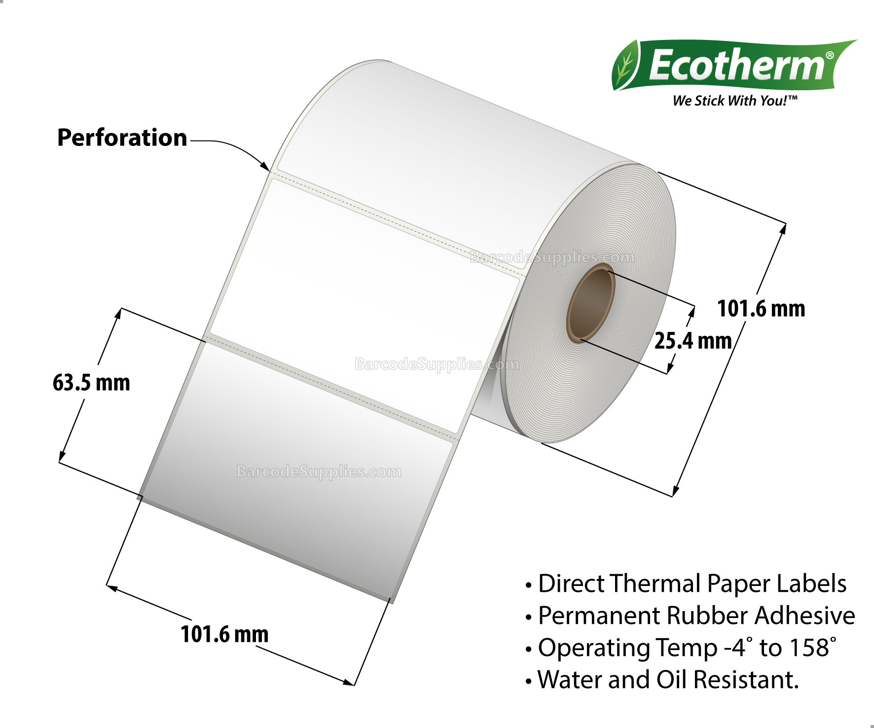 Products 4 x 2.5 Direct Thermal White Labels With Rubber Adhesive - Perforated - 600 Labels Per Roll - Carton Of 4 Rolls - 2400 Labels Total - MPN: ECOTHERM14113-4
