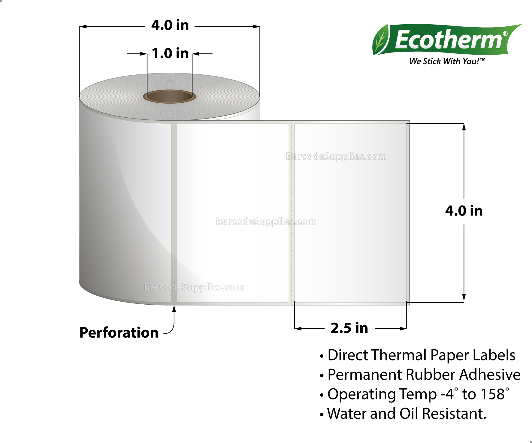Products 4 x 2.5 Direct Thermal White Labels With Rubber Adhesive - Perforated - 600 Labels Per Roll - Carton Of 4 Rolls - 2400 Labels Total - MPN: ECOTHERM14113-4