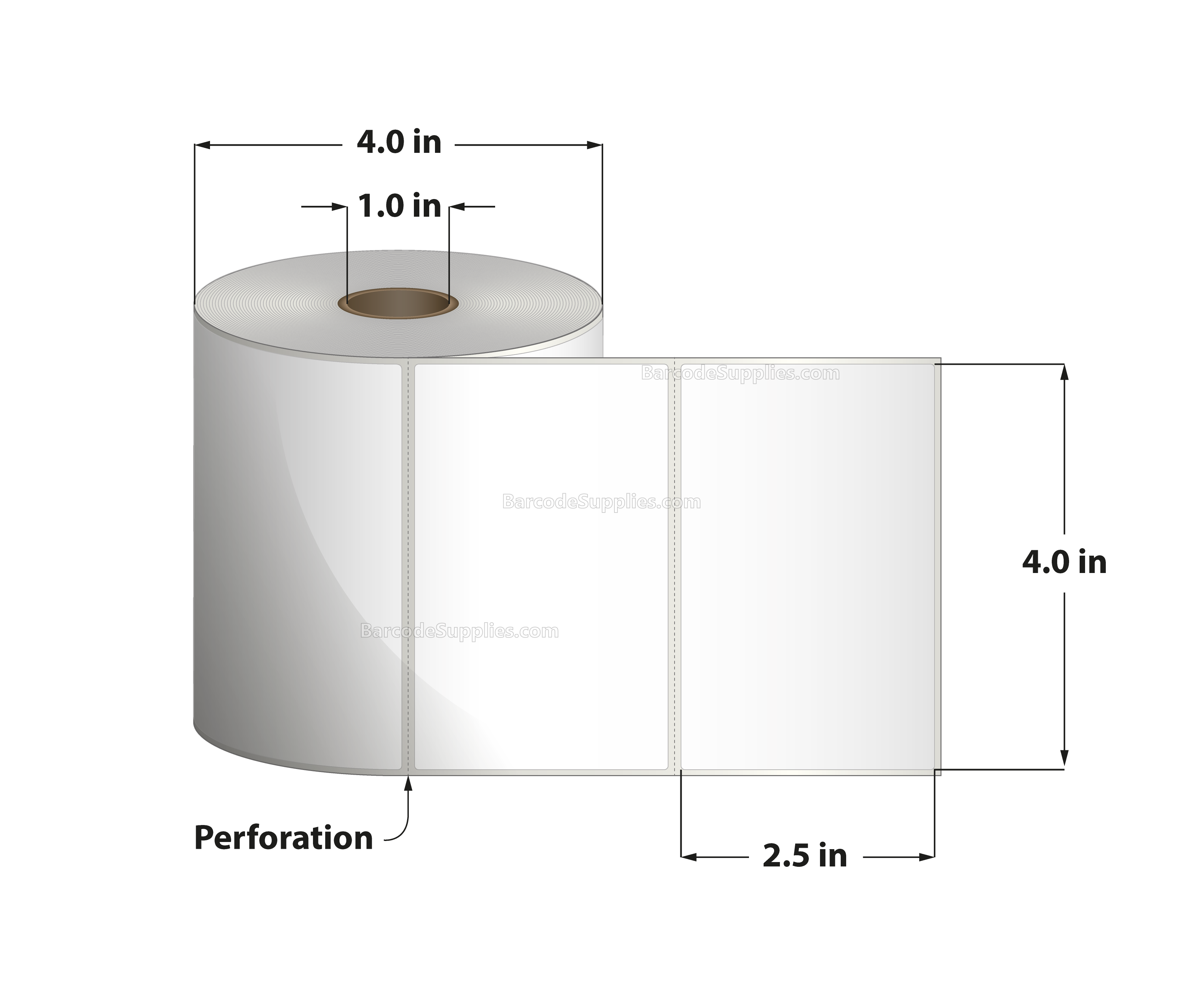 4 x 2.5 Direct Thermal White Labels With Acrylic Adhesive - Perforated - 595 Labels Per Roll - Carton Of 12 Rolls - 7140 Labels Total - MPN: RD-4-25-595-1 - BarcodeSource, Inc.