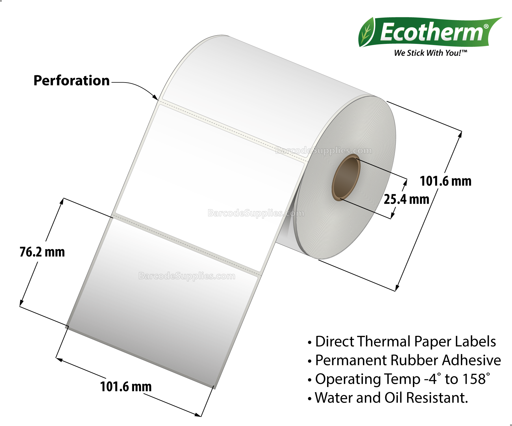 4 x 3 Direct Thermal White Labels With Rubber Adhesive - Perforated - 525 Labels Per Roll - Carton Of 4 Rolls - 2100 Labels Total - MPN: ECOTHERM14128-4