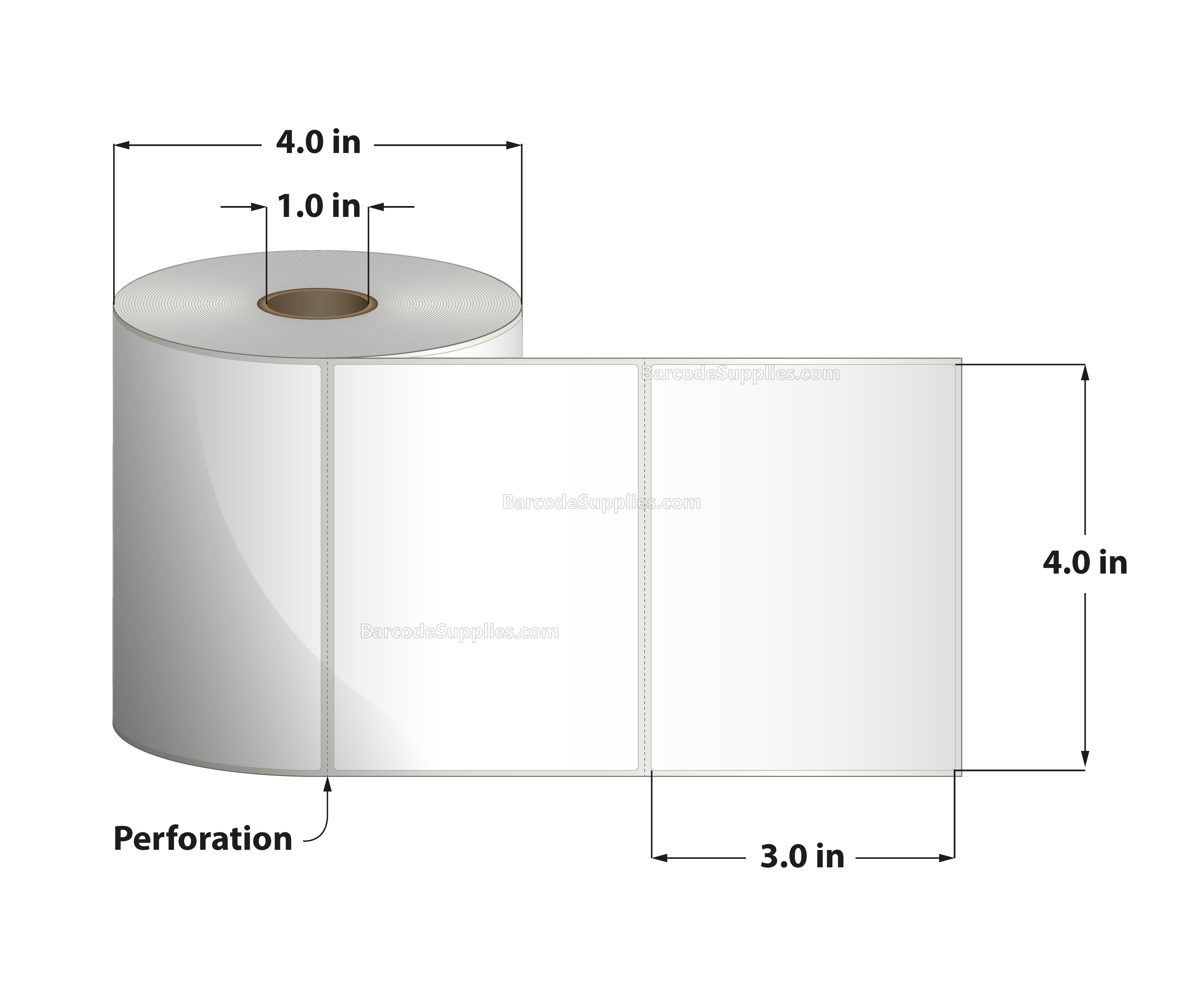 4 x 3 Thermal Transfer White Labels With Permanent Adhesive - Perforated - 500 Labels Per Roll - Carton Of 12 Rolls - 6000 Labels Total - MPN: RT-4-3-500-1 - BarcodeSource, Inc.