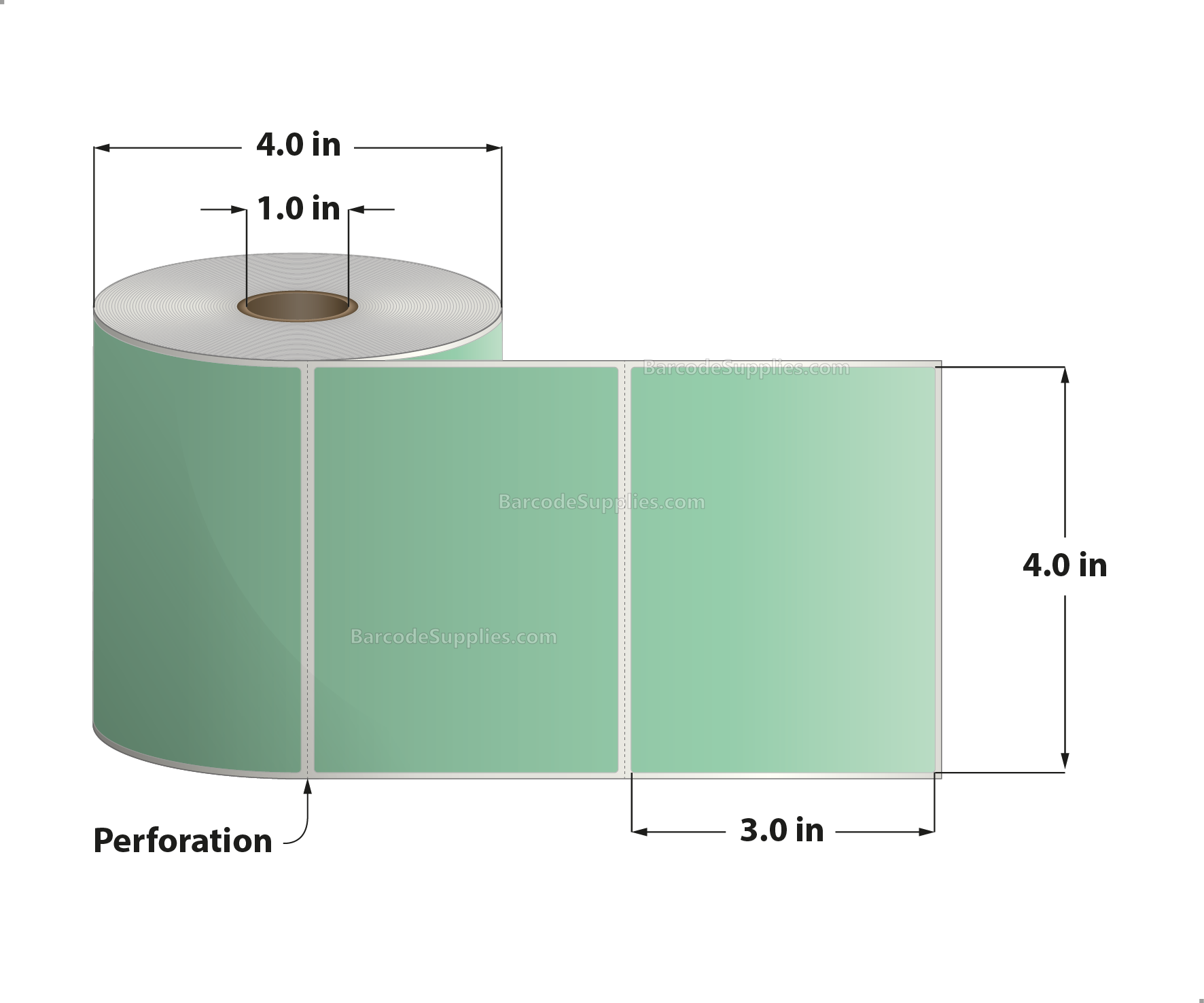 4 x 3 Direct Thermal Green Labels With Acrylic Adhesive - Perforated - 500 Labels Per Roll - Carton Of 12 Rolls - 6000 Labels Total - MPN: RD-4-3-500-GR