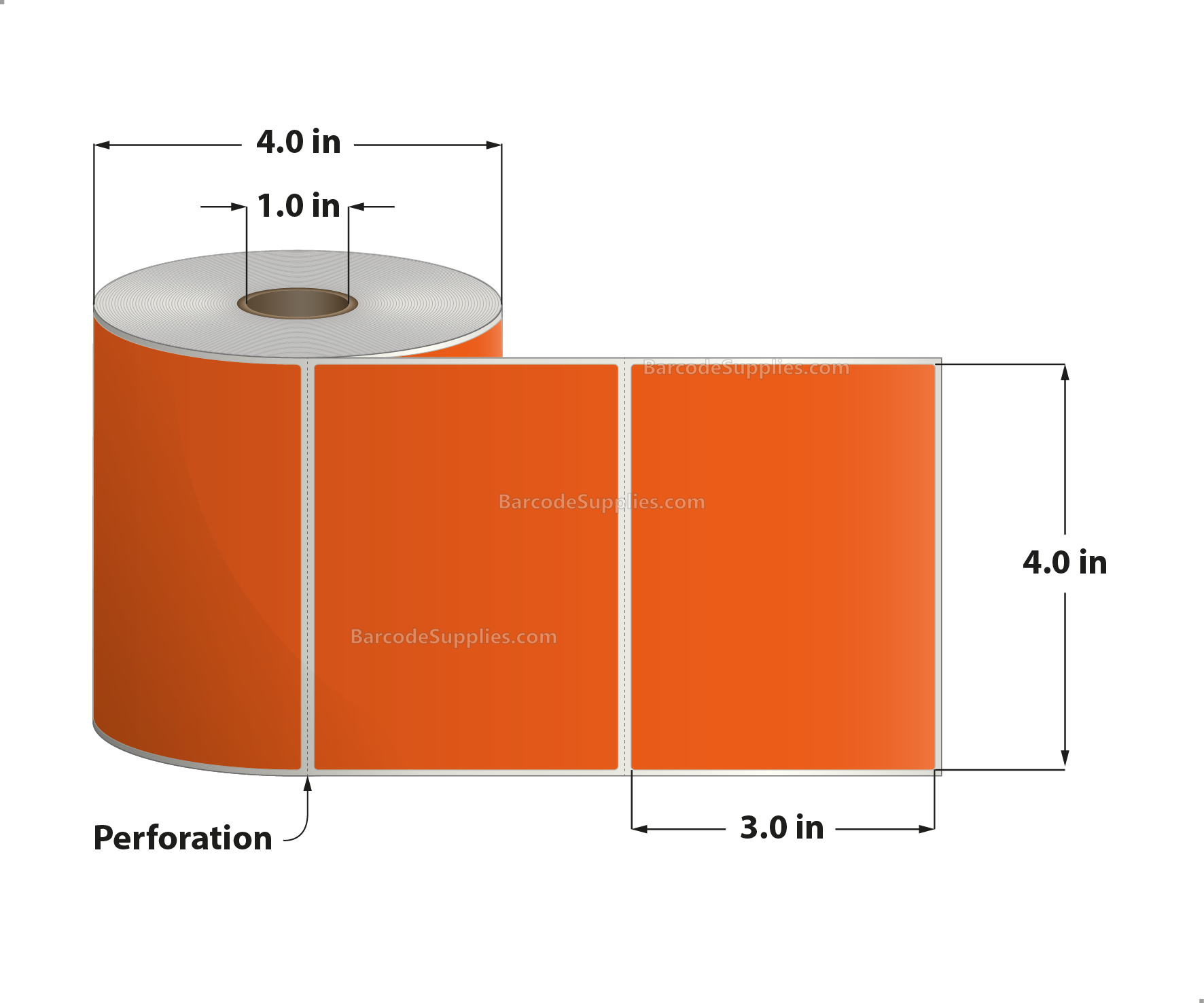 4 x 3 Direct Thermal Orange Labels With Acrylic Adhesive - Perforated - 500 Labels Per Roll - Carton Of 12 Rolls - 6000 Labels Total - MPN: RD-4-3-500-OR