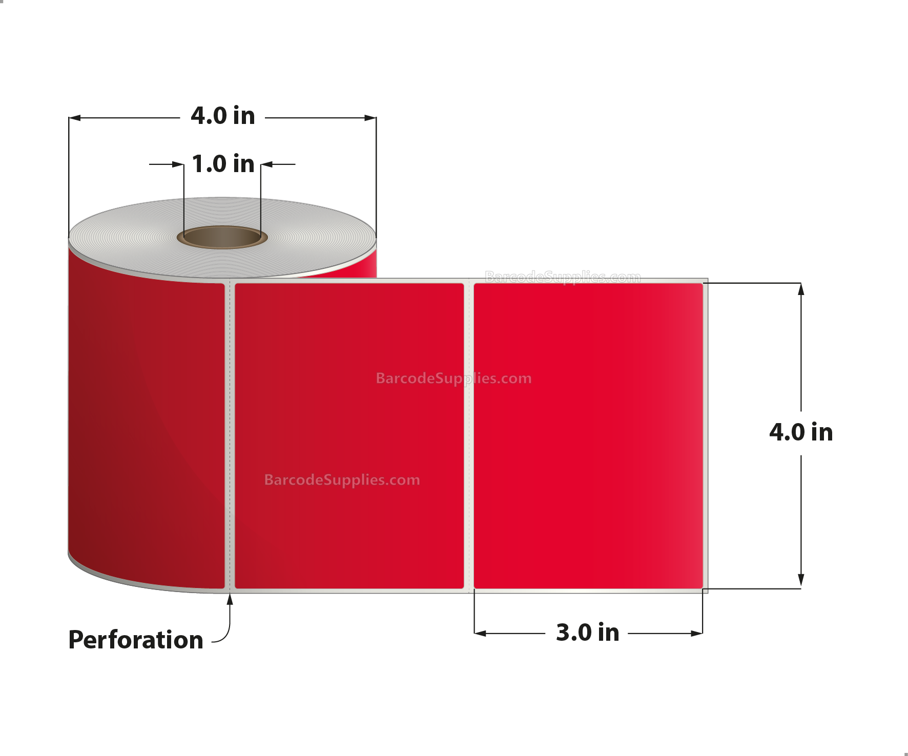 4 x 3 Direct Thermal Red Labels With Acrylic Adhesive - Perforated - 500 Labels Per Roll - Carton Of 12 Rolls - 6000 Labels Total - MPN: RD-4-3-500-RD