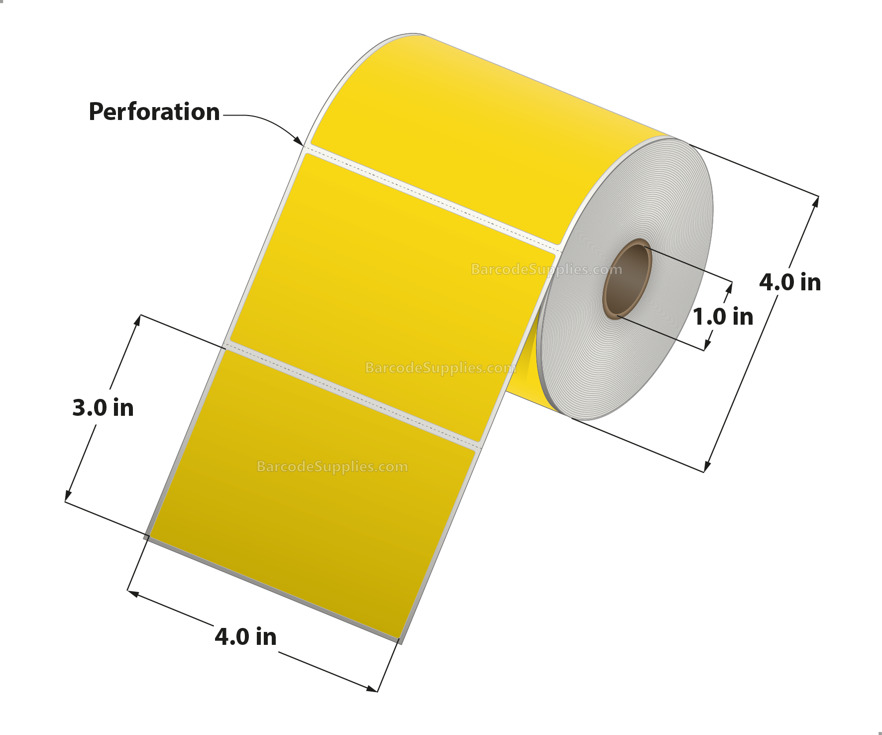 4 x 3 Direct Thermal Yellow Labels With Acrylic Adhesive - Perforated - 500 Labels Per Roll - Carton Of 12 Rolls - 6000 Labels Total - MPN: RD-4-3-500-YL