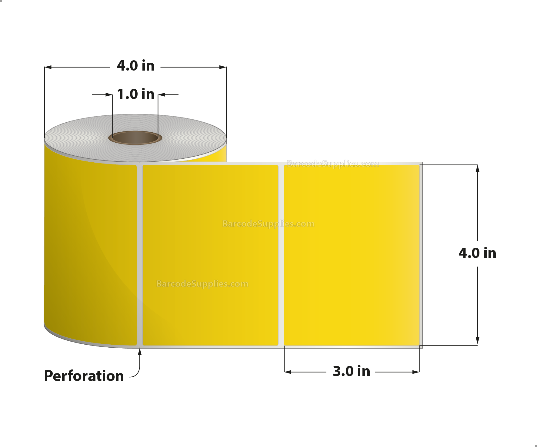 4 x 3 Direct Thermal Yellow Labels With Acrylic Adhesive - Perforated - 500 Labels Per Roll - Carton Of 12 Rolls - 6000 Labels Total - MPN: RD-4-3-500-YL