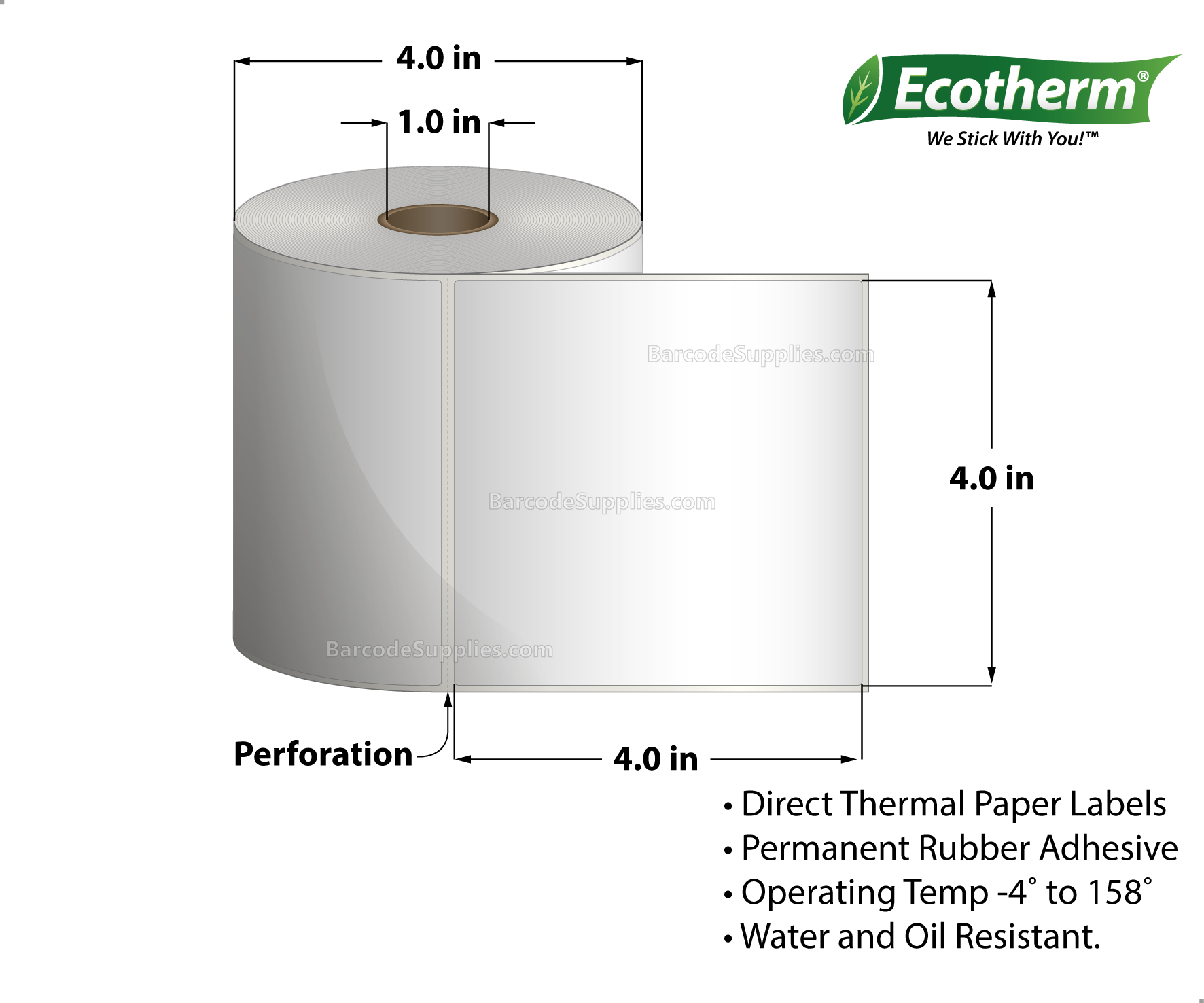 4 x 4 Direct Thermal White Labels With Rubber Adhesive - Perforated - 377 Labels Per Roll - Carton Of 4 Rolls - 1508 Labels Total - MPN: ECOTHERM14115-4