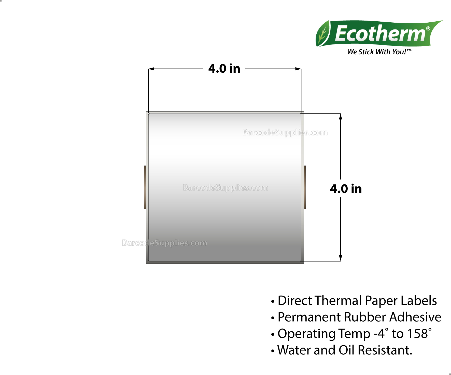 4 x 4 Direct Thermal White Labels With Rubber Adhesive - Perforated - 377 Labels Per Roll - Carton Of 4 Rolls - 1508 Labels Total - MPN: ECOTHERM14115-4