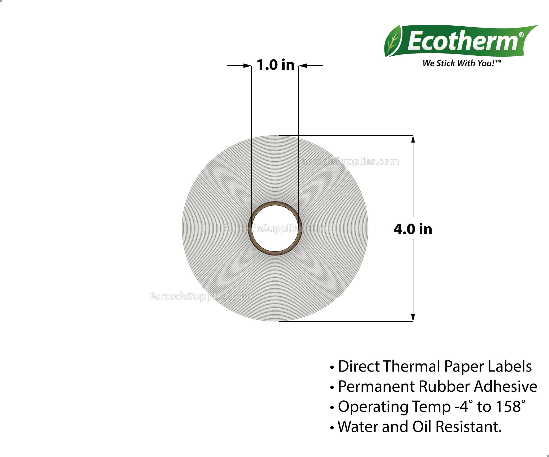 4 x 4 Direct Thermal White Labels With Rubber Adhesive - Perforated - 377 Labels Per Roll - Carton Of 4 Rolls - 1508 Labels Total - MPN: ECOTHERM14115-4