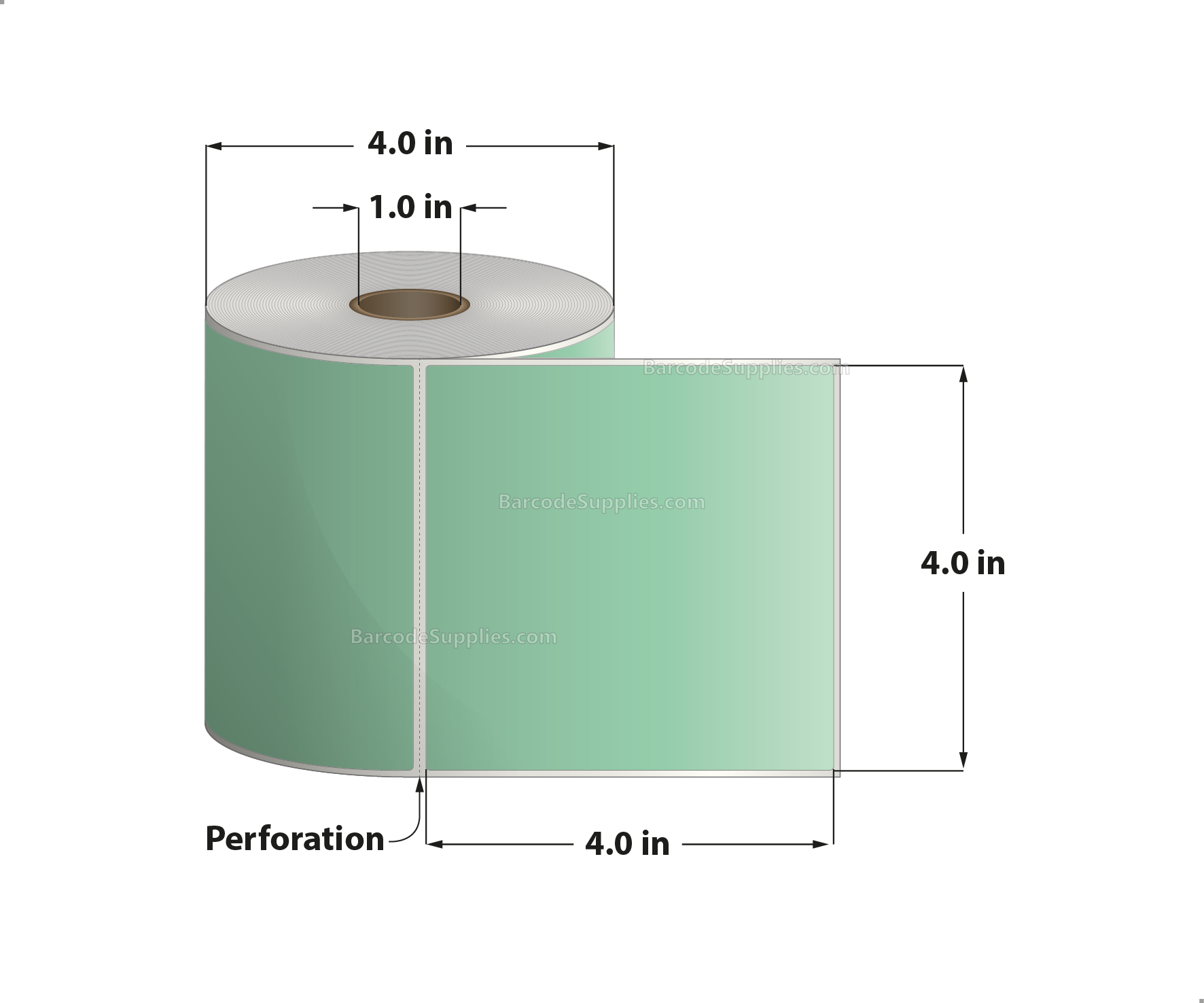 4 x 4 Direct Thermal Green Labels With Acrylic Adhesive - Perforated - 380 Labels Per Roll - Carton Of 12 Rolls - 4560 Labels Total - MPN: RD-4-4-380-GR