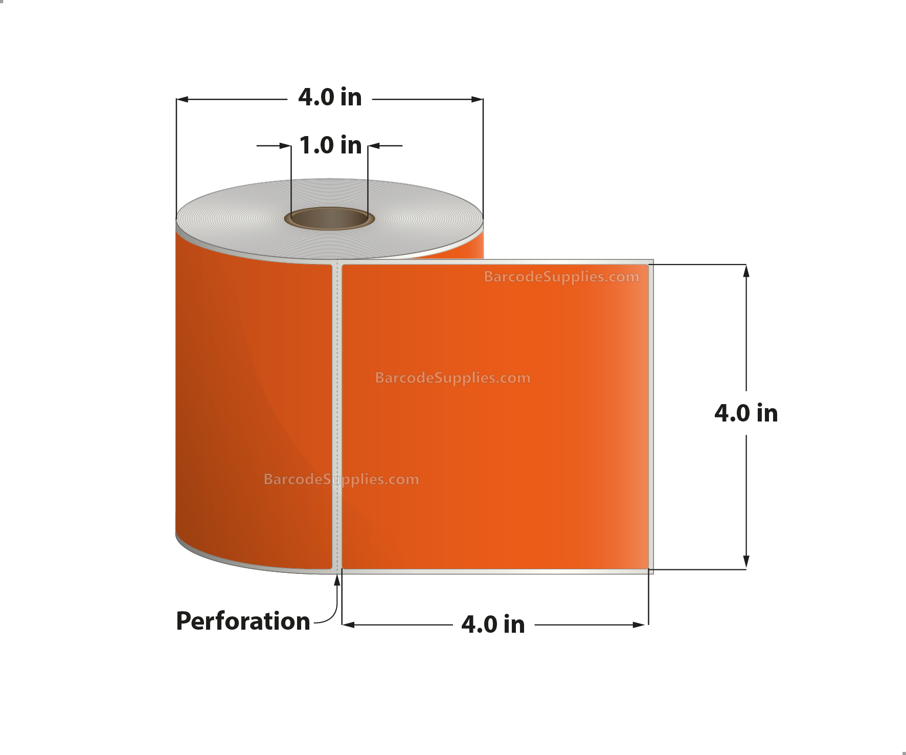 4 x 4 Direct Thermal Orange Labels With Acrylic Adhesive - Perforated - 380 Labels Per Roll - Carton Of 12 Rolls - 4560 Labels Total - MPN: RD-4-4-380-OR