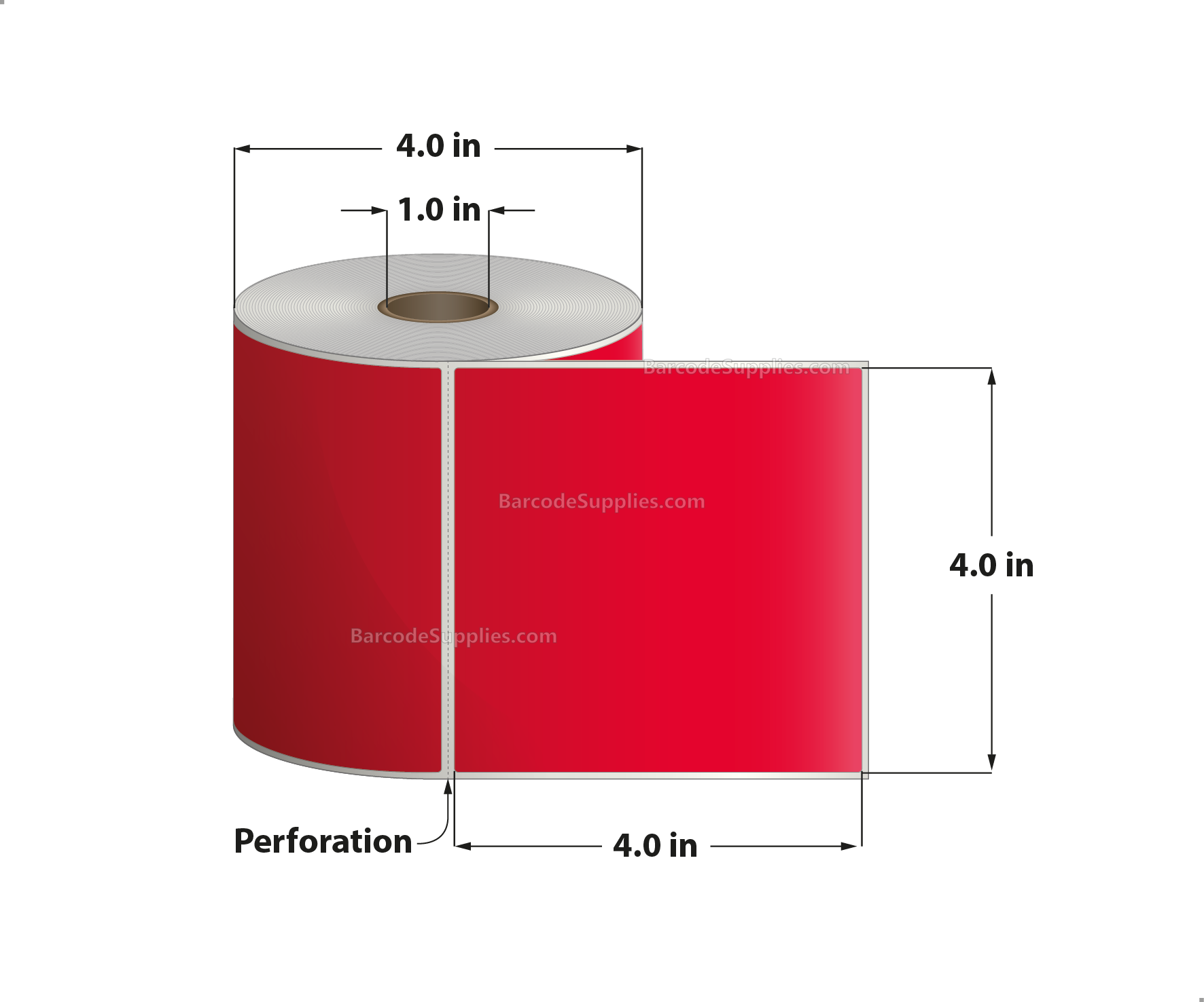 4 x 4 Direct Thermal Red Labels With Acrylic Adhesive - Perforated - 380 Labels Per Roll - Carton Of 12 Rolls - 4560 Labels Total - MPN: RD-4-4-380-RD