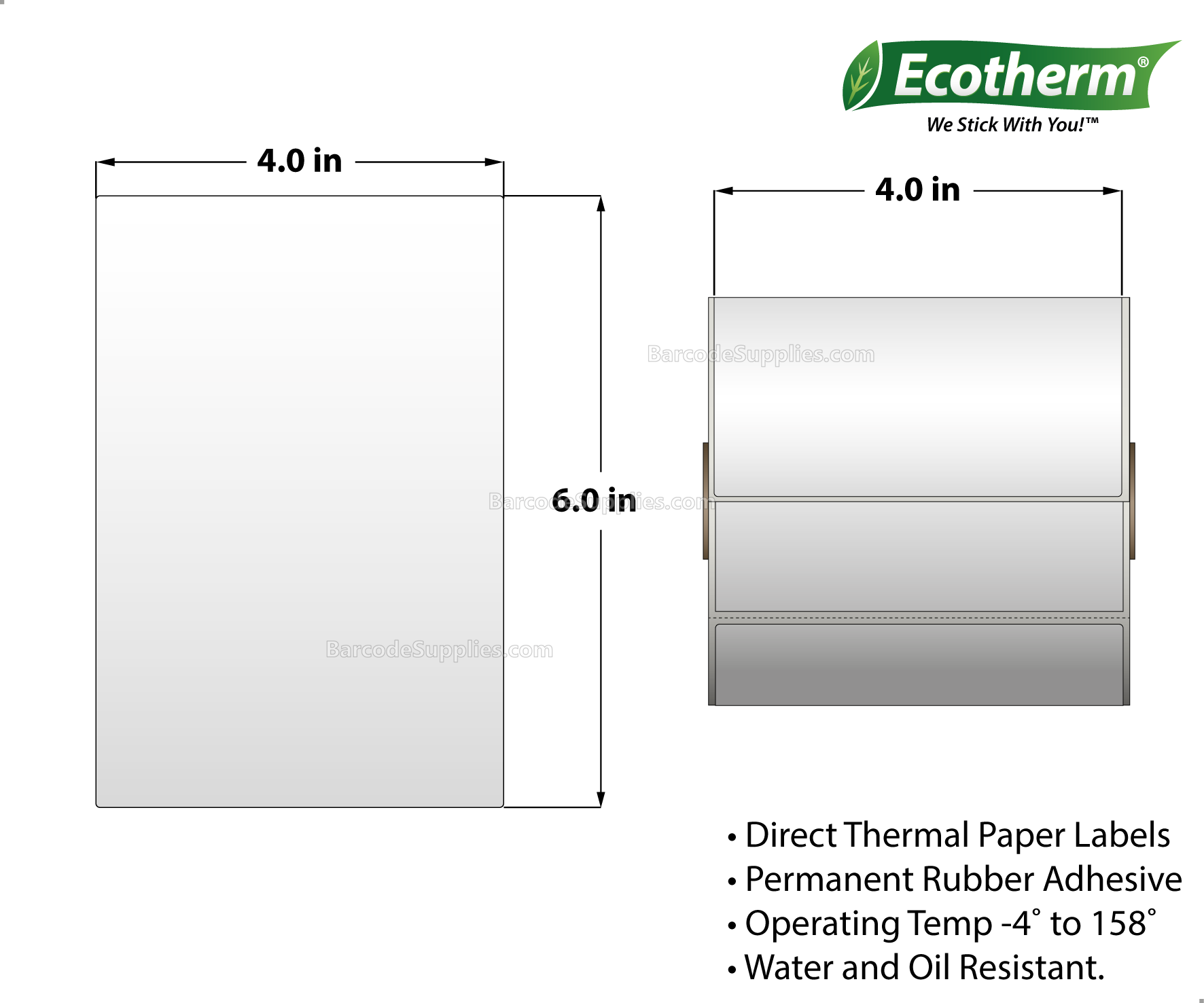 4 x 6 Direct Thermal White Labels With Rubber Adhesive - Perforated - 275 Labels Per Roll - Carton Of 4 Rolls - 1100 Labels Total - MPN: ECOTHERM14129-4