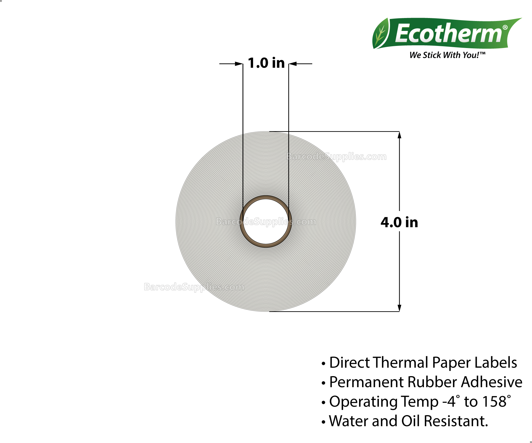 4 x 6 Direct Thermal White Labels With Rubber Adhesive - Perforated - 275 Labels Per Roll - Carton Of 4 Rolls - 1100 Labels Total - MPN: ECOTHERM14129-4