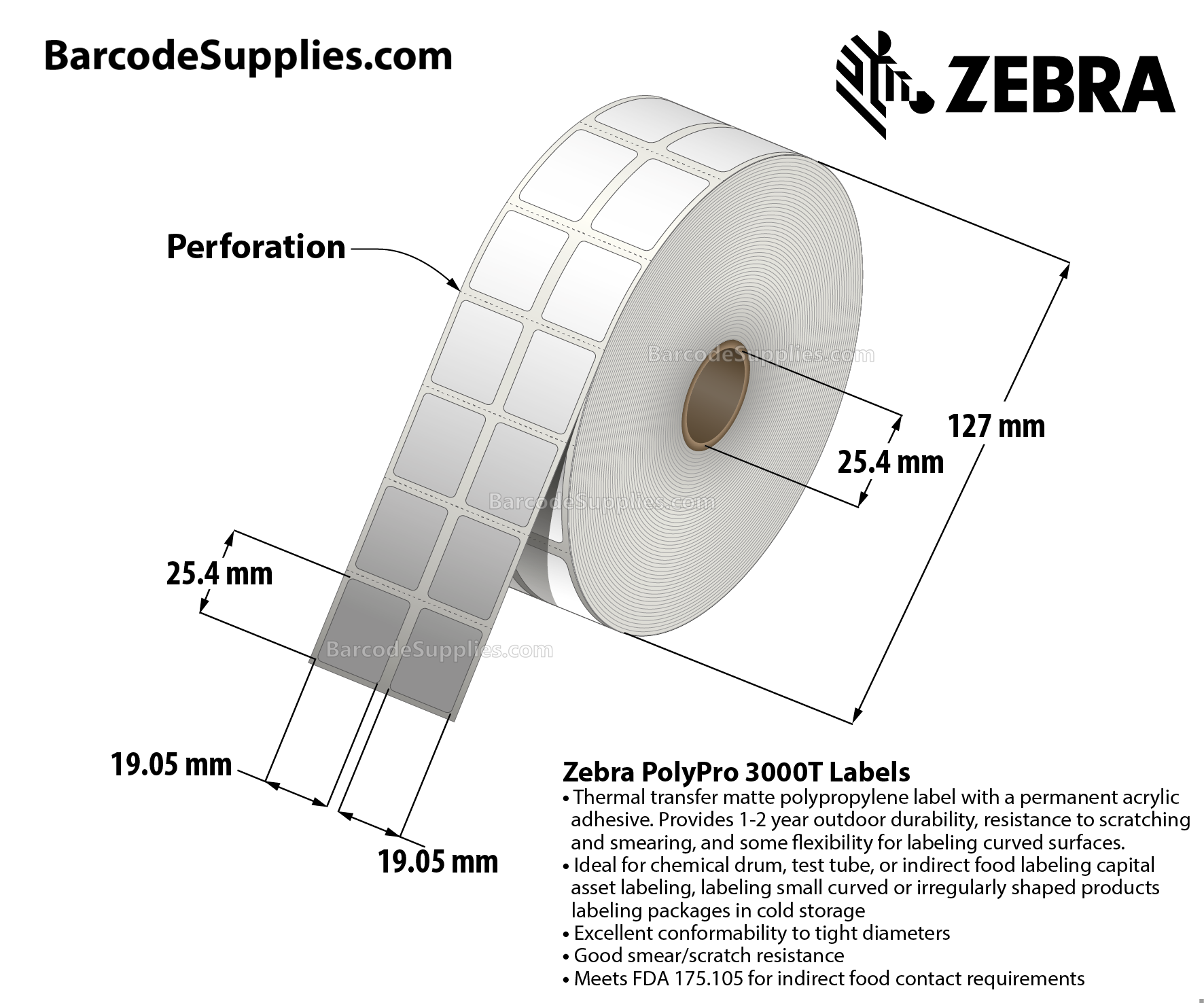 0.75 x 1 Thermal Transfer White PolyPro 3000T (2-Across) Labels With Permanent Adhesive - Perforated - 2000 Labels Per Roll - Carton Of 1 Rolls - 2000 Labels Total - MPN: 10023324