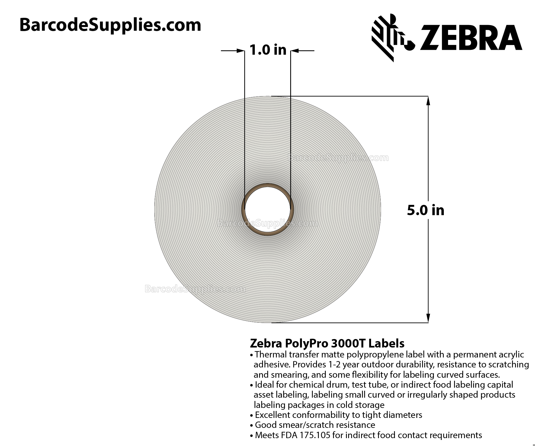 0.75 x 1 Thermal Transfer White PolyPro 3000T (2-Across) Labels With Permanent Adhesive - Perforated - 2000 Labels Per Roll - Carton Of 1 Rolls - 2000 Labels Total - MPN: 10023324